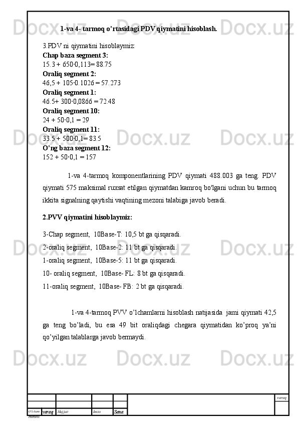 O’lcha m
mm m varaq Hujjat: Imzo
Sana  varaq1-va 4- tarmoq o’rtasidagi PDV qiymatini hisoblash.
3.PDV ni qiymatini hisoblaymiz:
Chap baza segment 3:
15.3 + 650∙0,113= 88.75
Oraliq segment 2:
46,5 + 105∙0.1026 = 57.273
Oraliq segment 1:
46.5+ 300∙0,0866 = 72.48
Oraliq segment 10:
24 + 50∙0,1 = 29
Oraliq segment 11:
33.5 + 500∙0,1= 83.5
O’ng baza segment 12:
152 + 50∙0,1 = 157
                1-va   4-tarmoq   komponentlarining   PDV   qiymati   488.003   ga   teng.   PDV
qiymati 575 maksimal ruxsat etilgan qiymatdan kamroq bo'lgani uchun bu tarmoq
ikkita signalning qaytishi vaqtining mezoni talabiga javob beradi.
2.PVV qiymatini hisoblaymiz:
3-Chap segment,  10Base-T: 10,5 bt ga qisqaradi.
2-oraliq segment,  10Base-2: 11 bt ga qisqaradi.
1-oraliq segment,  10Base-5: 11 bt ga qisqaradi.
10- oraliq segment,  10Base- FL: 8 bt ga qisqaradi.
11-oraliq segment,  10Base- FB: 2 bt ga qisqaradi. 
                 1-va 4-tarmoq PVV o’lchamlarni hisoblash natijasida  jami qiymati 42,5
ga   teng   bo’ladi,   bu   esa   49   bit   oraliqdagi   chegara   qiymatidan   ko’proq   ya’ni
qo’yilgan talablarga javob bermaydi. 