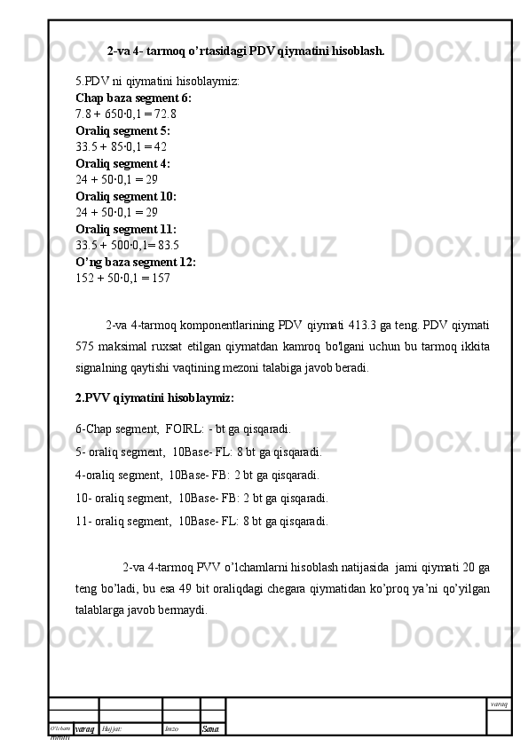 O’lcha m
mm m varaq Hujjat: Imzo
Sana  varaq2-va 4- tarmoq o’rtasidagi PDV qiymatini hisoblash.
5.PDV ni qiymatini hisoblaymiz:
Chap baza segment 6:
7.8 + 650∙0,1 = 72.8
Oraliq segment 5:
33.5 + 85∙0,1 = 42
Oraliq segment 4:
24 + 50∙0,1 = 29
Oraliq segment 10:
24 + 50∙0,1 = 29
Oraliq segment 11:
33.5 + 500∙0,1= 83.5
O’ng baza segment 12:
152 + 50∙0,1 = 157
           2-va 4-tarmoq komponentlarining PDV qiymati 413.3 ga teng. PDV qiymati
575   maksimal   ruxsat   etilgan   qiymatdan   kamroq   bo'lgani   uchun   bu   tarmoq   ikkita
signalning qaytishi vaqtining mezoni talabiga javob beradi.
2.PVV qiymatini hisoblaymiz:
6-Chap segment,  FOIRL: - bt ga qisqaradi.
5- oraliq segment,  10Base- FL: 8 bt ga qisqaradi.
4-oraliq segment,  10Base- FB: 2 bt ga qisqaradi. 
10- oraliq segment,  10Base- FB: 2 bt ga qisqaradi. 
11- oraliq segment,  10Base- FL: 8 bt ga qisqaradi.
               2-va 4-tarmoq PVV o’lchamlarni hisoblash natijasida  jami qiymati 20 ga
teng bo’ladi, bu esa 49 bit oraliqdagi chegara qiymatidan ko’proq ya’ni qo’yilgan
talablarga javob bermaydi. 