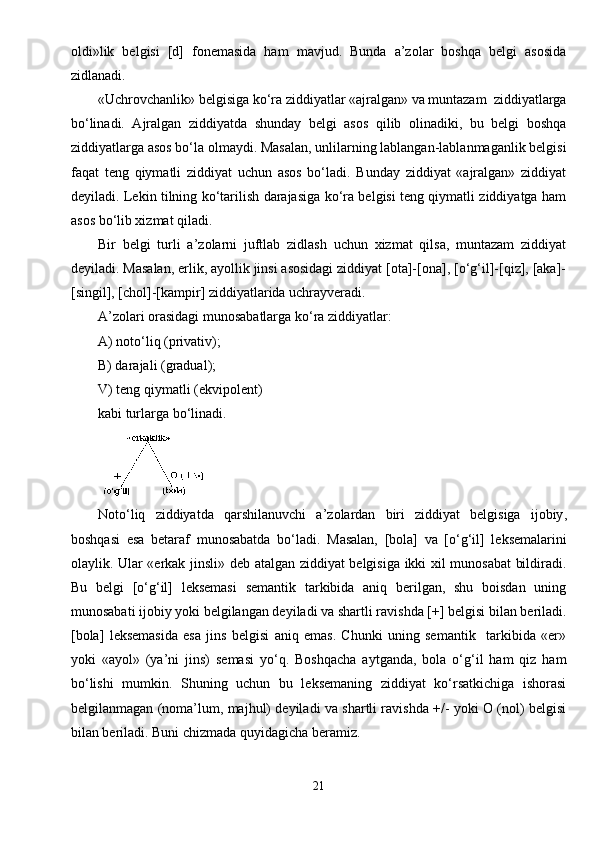 oldi»lik   belgisi   [d]   fonemasida   ham   mavjud.   Bunda   a’zolar   boshqa   belgi   asosida
zidlanadi.
«Uchrovchanlik» belgisiga ko‘ra ziddiyatlar «ajralgan» va muntazam  ziddiyatlarga
bo‘linadi.   Ajralgan   ziddiyatda   shunday   belgi   asos   qilib   olinadiki,   bu   belgi   boshqa
ziddiyatlarga asos bo‘la olmaydi. Masalan, unlilarning lablangan-lablanmaganlik belgisi
faqat   teng   qiymatli   ziddiyat   uchun   asos   bo‘ladi.   Bunday   ziddiyat   «ajralgan»   ziddiyat
deyiladi. Lekin tilning ko‘tarilish darajasiga ko‘ra belgisi teng qiymatli ziddiyatga ham
asos bo‘lib xizmat qiladi.
Bir   belgi   turli   a’zolarni   juftlab   zidlash   uchun   xizmat   qilsa,   muntazam   ziddiyat
deyiladi. Masalan, erlik, ayollik jinsi asosidagi ziddiyat [ota]-[ona], [o‘g‘il]-[qiz], [aka]-
[singil], [chol]-[kampir] ziddiyatlarida uchrayveradi.
A’zolari orasidagi munosabatlarga ko‘ra ziddiyatlar: 
A) noto‘liq (privativ);
B) darajali (gradual);
V) teng qiymatli (ekvipolent)  
kabi turlarga bo‘linadi.
Noto ‘ liq   ziddiyatda   qarshilanuvchi   a ’ zolardan   biri   ziddiyat   belgisiga   ijobiy ,
boshqasi   esa   betaraf   munosabatda   bo ‘ ladi .   Masalan,   [bola]   va   [o‘g‘il]   leksemalarini
olaylik. Ular «erkak jinsli» deb atalgan ziddiyat belgisiga ikki xil munosabat  bildiradi.
Bu   belgi   [o‘g‘il]   leksemasi   semantik   tarkibida   aniq   berilgan,   shu   boisdan   uning
munosabati ijobiy yoki belgilangan deyiladi va shartli ravishda [+] belgisi bilan beriladi.
[bola]   leksemasida   esa   jins   belgisi   aniq   emas.   Chunki   uning   semantik     tarkibida   «er»
yoki   «ayol»   (ya’ni   jins)   semasi   yo‘q.   Boshqacha   aytganda,   bola   o‘g‘il   ham   qiz   ham
bo‘lishi   mumkin.   Shuning   uchun   bu   leksemaning   ziddiyat   ko‘rsatkichiga   ishorasi
belgilanmagan (noma’lum, majhul) deyiladi va shartli ravishda +/- yoki O (nol) belgisi
bilan beriladi. Buni chizmada quyidagicha beramiz. 
21 