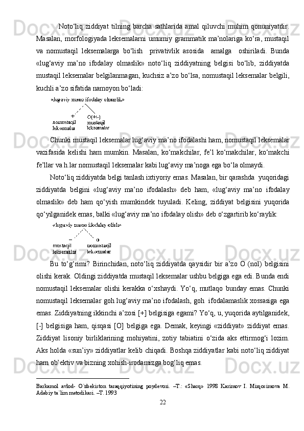                 Noto‘liq   ziddiyat   tilning   barcha   sathlarida   amal   qiluvchi   muhim   qonuniyatdir.
Masalan,   morfologiyada leksemalarni  umumiy  grammatik  ma’nolariga  ko‘ra, mustaqil
va   nomustaqil   leksemalarga   bo‘lish     privativlik   asosida     amalga     oshiriladi.   Bunda
«lug‘aviy   ma’no   ifodalay   olmaslik»   noto‘liq   ziddiyatning   belgisi   bo‘lib,   ziddiyatda
mustaqil leksemalar belgilanmagan, kuchsiz a’zo bo‘lsa, nomustaqil leksemalar belgili,
kuchli a’zo sifatida namoyon bo‘ladi:
Chunki mustaqil leksemalar lug‘aviy ma’no ifodalashi ham, nomustaqil leksemalar
vazifasida   kelishi   ham   mumkin.   Masalan,   ko‘makchilar,   fe’l   ko‘makchilar,   ko‘makchi
fe’llar va h.lar nomustaqil leksemalar kabi lug‘aviy ma’noga ega bo‘la olmaydi.
Noto‘liq ziddiyatda belgi tanlash ixtiyoriy emas. Masalan, bir qarashda  yuqoridagi
ziddiyatda   belgini   «lug‘aviy   ma’no   ifodalash»   deb   ham,   «lug‘aviy   ma’no   ifodalay
olmaslik»   deb   ham   qo‘yish   mumkindek   tuyuladi.   Keling,   ziddiyat   belgisini   yuqorida
qo‘yilganidek emas, balki «lug‘aviy ma’no ifodalay olish» deb o‘zgartirib ko‘raylik:
Bu   to‘g‘rimi?   Birinchidan,   noto‘liq   ziddiyatda   qaysidir   bir   a’zo   O   (nol)   belgisini
olishi kerak. Oldingi ziddiyatda mustaqil leksemalar ushbu belgiga ega edi. Bunda endi
nomustaqil   leksemalar   olishi   kerakka   o‘xshaydi.   Yo‘q,   mutlaqo   bunday   emas.   Chunki
nomustaqil leksemalar goh lug‘aviy ma’no ifodalash, goh   ifodalamaslik xossasiga ega
emas. Ziddiyatning ikkinchi a’zosi [+] belgisiga egami? Yo‘q, u, yuqorida aytilganidek,
[-]   belgisiga   ham,   qisqasi   [O]   belgiga   ega.   Demak,   keyingi   «ziddiyat»   ziddiyat   emas.
Ziddiyat   lisoniy   birliklarining   mohiyatini,   zotiy   tabiatini   o‘zida   aks   ettirmog‘i   lozim.
Aks holda «sun’iy» ziddiyatlar kelib chiqadi. Boshqa ziddiyatlar kabi noto‘liq ziddiyat
ham ob’ektiv va bizning xohish-irodamizga bog‘liq emas. 
__________________________
Barkamol   avlod-   O`zbekiston   taraqqiyotining   poydevori.   –T.:   «Sharq»   1998   Karimov   I.   Mirqosimova   M.
Adabiy ta`lim metodikasi. –T. 1993     
22 