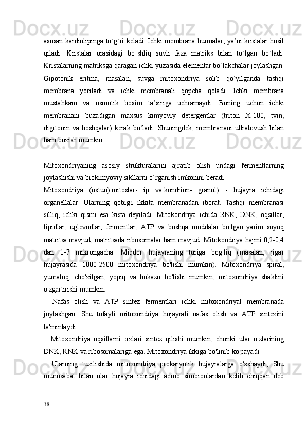 asosan kardiolipinga to`g`ri keladi. Ichki membrana burmalar, ya’ni kristalar hosil
qiladi.   Kristalar   orasidagi   bo`shliq   suvli   faza   matriks   bilan   to`lgan   bo`ladi.
Kristalarning matriksga qaragan ichki yuzasida elementar bo`lakchalar joylashgan.
Gipotonik   eritma,   masalan,   suvga   mitoxondriya   solib   qo`yilganda   tashqi
membrana   yoriladi   va   ichki   membranali   qopcha   qoladi.   Ichki   membrana
mustahkam   va   osmotik   bosim   ta’siriga   uchramaydi.   Buning   uchun   ichki
membranani   buzadigan   maxsus   kimyoviy   detergentlar   (triton   X-100,   tvin,
digitonin va  boshqalar)  kerak bo`ladi. Shuningdek, membranani  ultratovush  bilan
ham buzish mumkin.
Mitoxondriyaning   asosiy   strukturalarini   ajratib   olish   undagi   fermentlarning
joylashishi va biokimyoviy sikllarni o`rganish imkonini beradi
Mitoxondriya   (ustun)   mitoslar-   ip   va   kondrion-   granul)   -   hujayra   ichidagi
organellalar.   Ularning   qobig'i   ikkita   membranadan   iborat.   Tashqi   membranasi
silliq,   ichki   qismi   esa   kista   deyiladi.   Mitokondriya   ichida   RNK,   DNK,   oqsillar,
lipidlar,   uglevodlar,   fermentlar,   ATP   va   boshqa   moddalar   bo'lgan   yarim   suyuq
matritsa mavjud; matritsada ribosomalar ham mavjud. Mitokondriya hajmi 0,2-0,4
dan   1-7   mikrongacha.   Miqdor   hujayraning   turiga   bog'liq   (masalan,   jigar
hujayrasida   1000-2500   mitoxondriya   bo'lishi   mumkin).   Mitoxondriya   spiral,
yumaloq,   cho'zilgan,   yopiq   va   hokazo   bo'lishi   mumkin;   mitoxondriya   shaklini
o'zgartirishi mumkin.
      Nafas   olish   va   ATP   sintez   fermentlari   ichki   mitoxondriyal   membranada
joylashgan.   Shu   tufayli   mitoxondriya   hujayrali   nafas   olish   va   ATP   sintezini
ta'minlaydi.
      Mitoxondriya   oqsillarni   o'zlari   sintez   qilishi   mumkin,   chunki   ular   o'zlarining
DNK, RNK va ribosomalariga ega. Mitoxondriya ikkiga bo'linib ko'payadi.
      Ularning   tuzilishida   mitoxondriya   prokaryotik   hujayralarga   o'xshaydi;   Shu
munosabat   bilan   ular   hujayra   ichidagi   aerob   simbionlardan   kelib   chiqqan   deb
38 