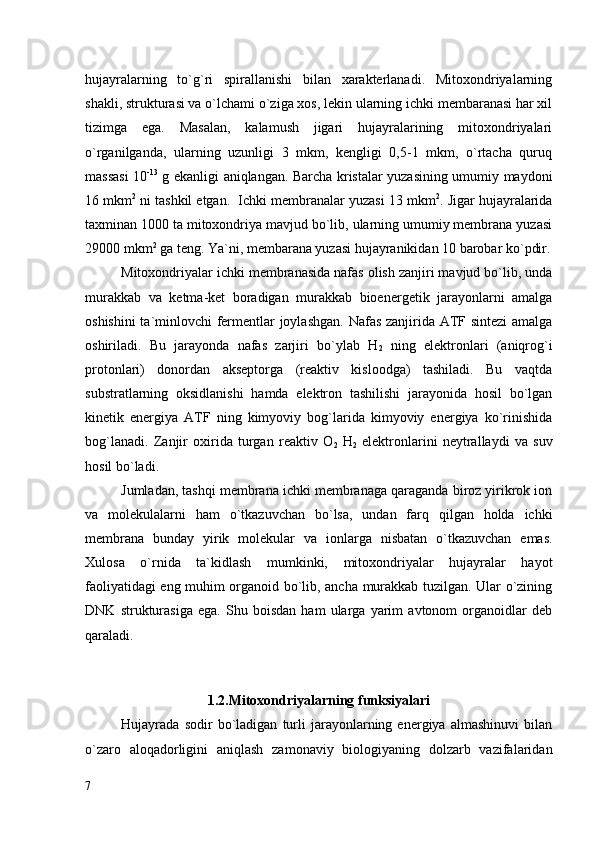 hujayralarning   to`g`ri   spirallanishi   bilan   xarakterlanadi.   Mitoxondriyalarning
shakli, strukturasi va o`lchami o`ziga xos, lekin ularning ichki membaranasi har xil
tizimga   ega.   Masalan,   kalamush   jigari   hujayralarining   mitoxondriyalari
o`rganilganda,   ularning   uzunligi   3   mkm,   kengligi   0,5-1   mkm,   o`rtacha   quruq
massasi 10 -13
  g ekanligi aniqlangan. Barcha kristalar yuzasining umumiy maydoni
16 mkm 2
 ni tashkil etgan.  Ichki membranalar yuzasi 13 mkm 2
. Jigar hujayralarida
taxminan 1000 ta mitoxondriya mavjud bo`lib, ularning umumiy membrana yuzasi
29000 mkm 2
 ga teng. Ya`ni, membarana yuzasi hujayranikidan 10 barobar ko`pdir.
Mitoxondriyalar ichki membranasida nafas olish zanjiri mavjud bo`lib, unda
murakkab   va   ketma-ket   boradigan   murakkab   bioenergetik   jarayonlarni   amalga
oshishini  ta`minlovchi  fermentlar joylashgan. Nafas zanjirida ATF sintezi  amalga
oshiriladi.   Bu   jarayonda   nafas   zarjiri   bo`ylab   Н
2   ning   elektronlari   (aniqrog`i
protonlari)   donordan   akseptorga   (reaktiv   kisloodga)   tashiladi.   Bu   vaqtda
substratlarning   oksidlanishi   hamda   elektron   tashilishi   jarayonida   hosil   bo`lgan
kinetik   energiya   ATF   ning   kimyoviy   bog`larida   kimyoviy   energiya   ko`rinishida
bog`lanadi.   Zanjir   oxirida   turgan   reaktiv   O
2   Н
2   elektronlarini   neytrallaydi   va   suv
hosil bo`ladi. 
Jumladan, tashqi membrana ichki membranaga qaraganda biroz yirikrok ion
va   molekulalarni   ham   o`tkazuvchan   bo`lsa,   undan   farq   qilgan   holda   ichki
membrana   bunday   yirik   molekular   va   ionlarga   nisbatan   o`tkazuvchan   emas.
Xulosa   o`rnida   ta`kidlash   mumkinki,   mitoxondriyalar   hujayralar   hayot
faoliyatidagi eng muhim organoid bo`lib, ancha murakkab tuzilgan. Ular o`zining
DNK   strukturasiga   ega.   Shu   boisdan   ham   ularga   yarim   avtonom   organoidlar   deb
qaraladi.
1.2.Mitoxondriyalarning funksiyalari
Hujayrada   sodir   bo`ladigan   turli   jarayonlarning   energiya   almashinuvi   bilan
o`zaro   aloqadorligini   aniqlash   zamonaviy   biologiyaning   dolzarb   vazifalaridan
7 