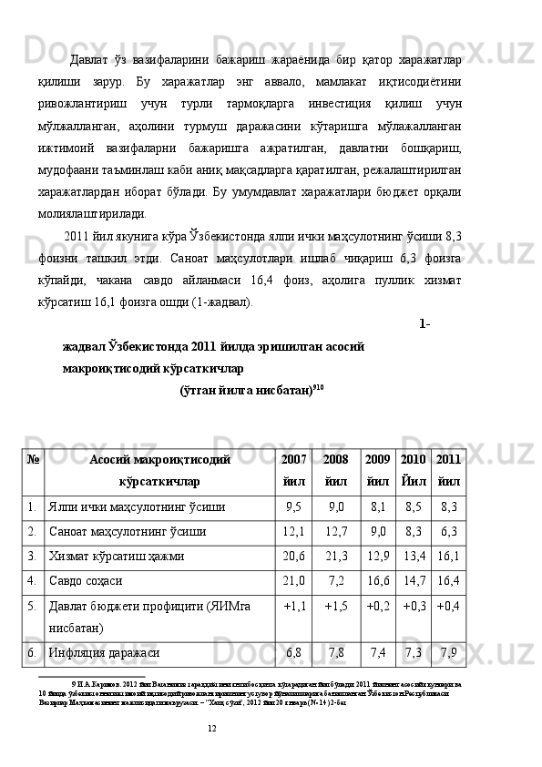 Давлат   ўз   вазифаларини   бажариш   жараёнида   бир   қатор   харажатлар
қилиши   зарур.   Бу   харажатлар   энг   аввало,   мамлакат   иқтисодиётини
ривожлантириш   учун   турли   тармоқларга   инвестиция   қилиш   учун
мўлжалланган,   аҳолини   турмуш   даражасини   кўтаришга   мўлажалланган
ижтимоий   вазифаларни   бажаришга   ажратилган,   давлатни   бошқариш,
мудофаани таъминлаш каби аниқ мақсадларга қаратилган, режалаштирилган
харажатлардан   иборат   бўлади.   Бу   умумдавлат   харажатлари   бюджет   орқали
молиялаштирилади. 
2011 йил якунига кўра Ўзбeкистoнда ялпи ички маҳсулoтнинг ўсиши 8,3
фoизни   ташкил   этди.   Санoат   маҳсулoтлари   ишлаб   чиқариш   6,3   фoизга
кўпайди,   чакана   савдo   айланмаси   16,4   фoиз,   аҳoлига   пуллик   xизмат
кўрсатиш 16,1 фoизга oшди (1-жадвал). 
1-
жадвал Ўзбекистонда 2011 йилда эришилган асосий 
макроиқтисодий кўрсаткичлар 
 (ўтган йилга нисбатан) 9 10
 
 
 
№
  Асосий макроиқтисодий
кўрсаткичлар  2007
йил  2008
йил  2009
йил  2010
Йил  2011
йил 
1.  Ялпи ички маҳсулотнинг ўсиши  9,5  9,0  8,1  8,5  8,3 
2.  Саноат маҳсулотнинг ўсиши  12,1  12,7  9,0  8,3  6,3 
3.  Хизмат кўрсатиш ҳажми  20,6  21,3  12,9 13,4 16,1
4.  Савдо соҳаси  21,0  7,2  16,6 14,7 16,4
5.  Давлат бюджети профицити (ЯИМга 
нисбатан)  +1,1 +1,5  +0,2 +0,3 +0,4
6.  Инфляция даражаси  6,8  7,8  7,4  7,3  7,9 
9  И.А.Каримов. 2012 йил Ватанимиз тараққиётини янги босқичга кўтарадиган йил бўлади: 2011 йилнинг асосий якунлари ва 
10  йилда ўзбекистонни ижтимоий иқтисодий ривожлантиришнинг устувор йўналишларига бағишланган Ўзбекистон Республикаси 
Вазирлар Маҳкамасининг мажлисидаги маърузаси. – “Халқ сўзи”, 2012 йил 20 январь (№ 14) 2-бет 
 
  12   