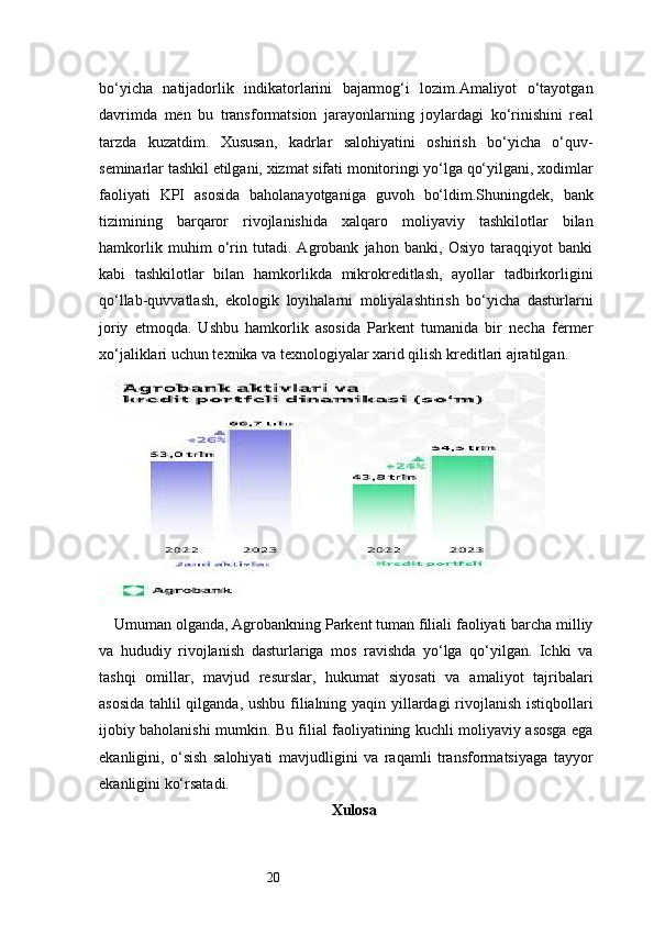 20bo‘yicha   natijadorlik   indikatorlarini   bajarmog‘i   lozim.Amaliyot   o‘tayotgan
davrimda   men   bu   transformatsion   jarayonlarning   joylardagi   ko‘rinishini   real
tarzda   kuzatdim.   Xususan,   kadrlar   salohiyatini   oshirish   bo‘yicha   o‘quv-
seminarlar tashkil etilgani, xizmat sifati monitoringi yo‘lga qo‘yilgani, xodimlar
faoliyati   KPI   asosida   baholanayotganiga   guvoh   bo‘ldim.Shuningdek,   bank
tizimining   barqaror   rivojlanishida   xalqaro   moliyaviy   tashkilotlar   bilan
hamkorlik   muhim   o‘rin   tutadi.   Agrobank   jahon   banki,   Osiyo   taraqqiyot   banki
kabi   tashkilotlar   bilan   hamkorlikda   mikrokreditlash,   ayollar   tadbirkorligini
qo‘llab-quvvatlash,   ekologik   loyihalarni   moliyalashtirish   bo‘yicha   dasturlarni
joriy   etmoqda.   Ushbu   hamkorlik   asosida   Parkent   tumanida   bir   necha   fermer
xo‘jaliklari uchun texnika va texnologiyalar xarid qilish kreditlari ajratilgan.
Umuman olganda, Agrobankning Parkent tuman filiali faoliyati barcha milliy
va   hududiy   rivojlanish   dasturlariga   mos   ravishda   yo‘lga   qo‘yilgan.   Ichki   va
tashqi   omillar,   mavjud   resurslar,   hukumat   siyosati   va   amaliyot   tajribalari
asosida tahlil qilganda, ushbu filialning yaqin yillardagi  rivojlanish istiqbollari
ijobiy baholanishi mumkin. Bu filial faoliyatining kuchli moliyaviy asosga ega
ekanligini,   o‘sish   salohiyati   mavjudligini   va   raqamli   transformatsiyaga   tayyor
ekanligini ko‘rsatadi.
Xulosa 