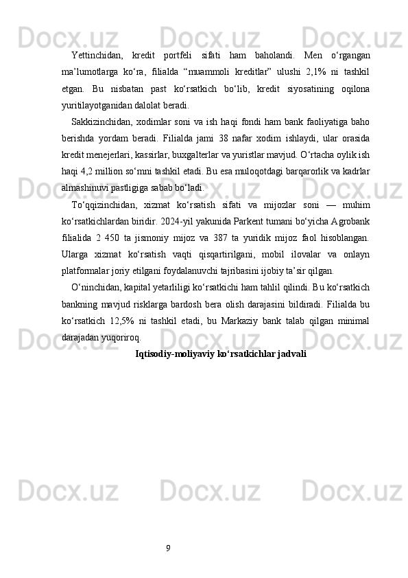 9Yettinchidan,   kredit   portfeli   sifati   ham   baholandi.   Men   o‘rgangan
ma’lumotlarga   ko‘ra,   filialda   “muammoli   kreditlar”   ulushi   2,1%   ni   tashkil
etgan.   Bu   nisbatan   past   ko‘rsatkich   bo‘lib,   kredit   siyosatining   oqilona
yuritilayotganidan dalolat beradi.
Sakkizinchidan,   xodimlar   soni   va   ish   haqi   fondi   ham   bank   faoliyatiga   baho
berishda   yordam   beradi.   Filialda   jami   38   nafar   xodim   ishlaydi,   ular   orasida
kredit menejerlari, kassirlar, buxgalterlar va yuristlar mavjud. O‘rtacha oylik ish
haqi 4,2 million so‘mni tashkil etadi. Bu esa muloqotdagi barqarorlik va kadrlar
almashinuvi pastligiga sabab bo‘ladi.
To‘qqizinchidan,   xizmat   ko‘rsatish   sifati   va   mijozlar   soni   —   muhim
ko‘rsatkichlardan biridir. 2024-yil yakunida Parkent tumani bo‘yicha Agrobank
filialida   2   450   ta   jismoniy   mijoz   va   387   ta   yuridik   mijoz   faol   hisoblangan.
Ularga   xizmat   ko‘rsatish   vaqti   qisqartirilgani,   mobil   ilovalar   va   onlayn
platformalar joriy etilgani foydalanuvchi tajribasini ijobiy ta’sir qilgan.
O‘ninchidan, kapital yetarliligi ko‘rsatkichi ham tahlil qilindi. Bu ko‘rsatkich
bankning   mavjud   risklarga   bardosh   bera   olish   darajasini   bildiradi.   Filialda   bu
ko‘rsatkich   12,5%   ni   tashkil   etadi,   bu   Markaziy   bank   talab   qilgan   minimal
darajadan yuqoriroq.
Iqtisodiy-moliyaviy ko‘rsatkichlar jadvali 