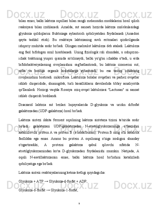 bilan emas, balki laktoza oqsillari bilan rangli melanoidin moddalarini hosil qilish
reaksiyasi   bilan   izohlanadi.   Amalda,   sut   sanoati   hozirda   laktoza   molekulasidagi
glyukoza   qoldiqlarini   fruktozaga   aylantirish   qobiliyatidan   foydalanadi   (Amadori
qayta   tashkil   etish).   Bu   reaktsiya   laktozaning   suvli   eritmalari   qizdirilganda
ishqoriy muhitda sodir bo'ladi. Olingan mahsulot laktuloza deb ataladi. Laktuloza
eng faol  bifidogen omil  hisoblanadi.  Uning fiziologik roli  shundaki,  u oshqozon-
ichak   traktining   yuqori   qismida   so'rilmaydi,   balki   yo'g'on   ichakka   o'tadi,   u   erda
bifidobakteriyalarning   rivojlanishini   rag'batlantiradi,   bu   laktoza   izomerini   sut,
sirka   va   boshqa   organik   kislotalarga   aylantiradi,   bu   esa   tashqi   ichakning
rivojlanishini bostiradi. mikroflora. Laktuloza bolalar ovqatlari va parhez ovqatlar
ishlab   chiqarishda,   shuningdek,   turli   kasalliklarni   davolashda   tibbiy   amaliyotda
qo'llaniladi.   Hozirgi   vaqtda   Rossiya   oziq-ovqat   laktulozasi   "Lactusan"   ni   sanoat
ishlab chiqarish boshlandi.
Disaxarid   laktoza   sut   bezlari   hujayralarida   D-glyukoza   va   uridin   difosfat
galaktozadan (UDP-galaktoza) hosil bo'ladi.
Laktoza   sintezi   ikkita   ferment   oqsilining   laktoza   sintetaza   tizimi   ta'sirida   sodir
bo'ladi:   galaktozani   UDP-galaktozadan   N-atsetilglyukozaminga   o'tkazishni
katalizlovchi protein A va protein B (a-laktalbumin). Protein B ning o'zi katalitik
faollikka   ega   emas.   Ammo   bu   protein   A   oqsilining   o'ziga   xosligini   shunday
o'zgartiradiki,   A   proteini   galaktoza   qabul   qiluvchi   sifatida   N-
atsetilglyukozamindan   ko'ra   D-glyukozadan   foydalanishi   mumkin.   Natijada,   A
oqsili   N-asetillaktozamin   emas,   balki   laktoza   hosil   bo'lishini   katalizlash
qobiliyatiga ega bo'ladi.
Laktoza sintezi reaktsiyalarining ketma-ketligi quyidagicha:
Glyukoza + ATP → Glyukoza-6-fosfat + ADP,
Glyukoza-6-fosfat → Glyukoza-1-fosfat,
9