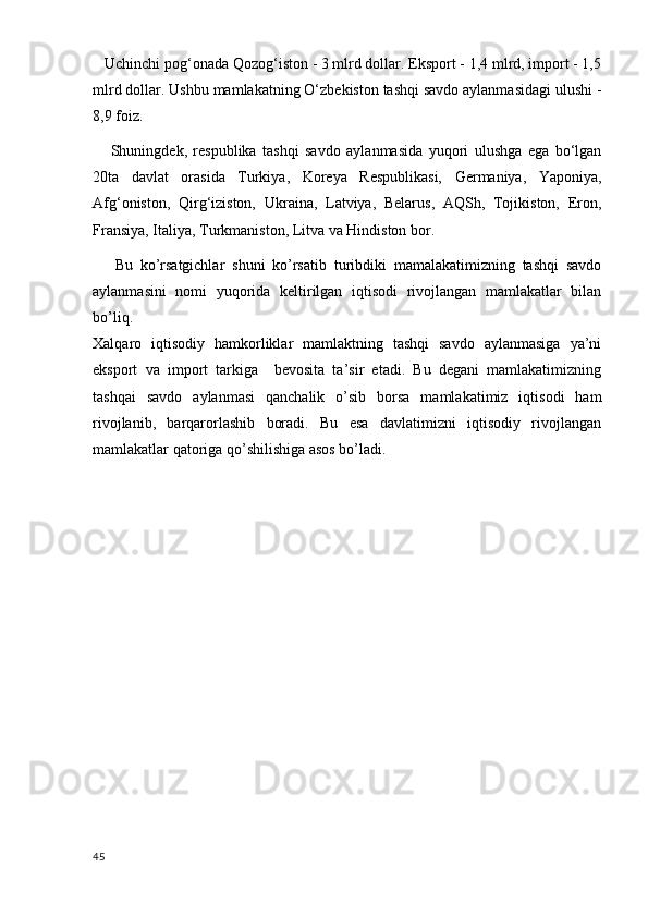    Uchinchi pog‘onada Qozog‘iston - 3 mlrd dollar. Eksport - 1,4 mlrd, import - 1,5
mlrd dollar. Ushbu mamlakatning O‘zbekiston tashqi savdo aylanmasidagi ulushi -
8,9 foiz. 
      Shuningdek,   respublika   tashqi   savdo   aylanmasida   yuqori   ulushga   ega   bo‘lgan
20ta   davlat   orasida   Turkiya,   Koreya   Respublikasi,   Germaniya,   Yaponiya,
Afg‘oniston,   Qirg‘iziston,   Ukraina,   Latviya,   Belarus,   AQSh,   Tojikiston,   Eron,
Fransiya, Italiya, Turkmaniston, Litva va Hindiston bor.
      Bu   ko’rsatgichlar   shuni   ko’rsatib   turibdiki   mamalakatimizning   tashqi   savdo
aylanmasini   nomi   yuqorida   keltirilgan   iqtisodi   rivojlangan   mamlakatlar   bilan
bo’liq. 
Xalqaro   iqtisodiy   hamkorliklar   mamlaktning   tashqi   savdo   aylanmasiga   ya’ni
eksport   va   import   tarkiga     bevosita   ta’sir   etadi.   Bu   degani   mamlakatimizning
tashqai   savdo   aylanmasi   qanchalik   o’sib   borsa   mamlakatimiz   iqtisodi   ham
rivojlanib,   barqarorlashib   boradi.   Bu   esa   davlatimizni   iqtisodiy   rivojlangan
mamlakatlar qatoriga qo’shilishiga asos bo’ladi.
45 