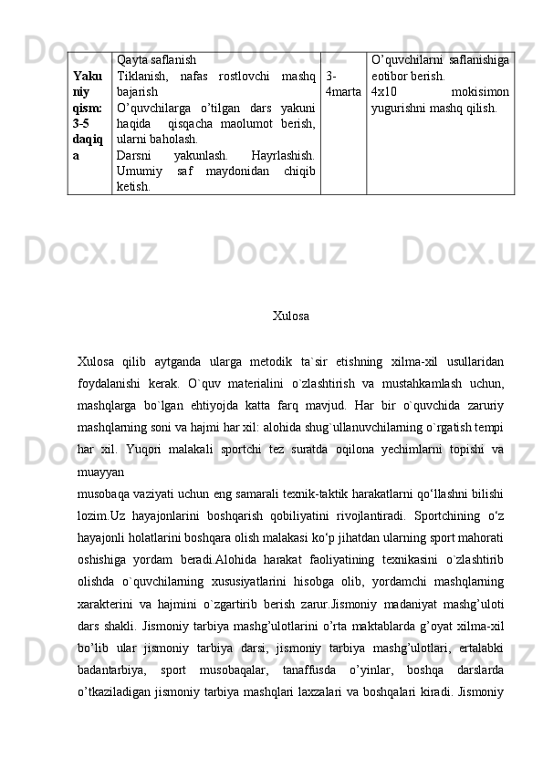 Yaku
niy
qism:
3-5
daqiq
a Qayta saflanish
Tiklanish,   nafas   rostlovchi   mashq
bajarish
O’quvchilarga   o’tilgan   dars   yakuni
haqida     qisqacha   maolumot   berish,
ularni baholash.
Darsni   yakunlash.   Hayrlashish.
Umumiy   saf   maydonidan   chiqib
ketish. 3-
4marta O’quvchilarni   saflanishiga
eotibor berish.
4x10   mokisimon
yugurishni mashq qilish.
Xulosa
Xulosa   qilib   aytganda   ularga   metodik   ta`sir   etishning   xilma-xil   usullaridan
foydalanishi   kerak.   O`quv   materialini   o`zlashtirish   va   mustahkamlash   uchun,
mashqlarga   bo`lgan   ehtiyojda   katta   farq   mavjud.   Har   bir   o`quvchida   zaruriy
mashqlarning soni va hajmi har xil: alohida shug`ullanuvchilarning o`rgatish tempi
har   xil.   Yuqori   malakali   sportchi   tez   suratda   oqilona   yechimlarni   topishi   va
muayyan
musobaqa vaziyati uchun eng samarali texnik-taktik harakatlarni qo‘llashni bilishi
lozim.Uz   hayajonlarini   boshqarish   qobiliyatini   rivojlantiradi.   Sportchining   o‘z
hayajonli holatlarini boshqara olish malakasi ko‘p jihatdan ularning sport mahorati
oshishiga   yordam   beradi.Alohida   harakat   faoliyatining   texnikasini   o`zlashtirib
olishda   o`quvchilarning   xususiyatlarini   hisobga   olib,   yordamchi   mashqlarning
xarakterini   va   hajmini   o`zgartirib   berish   zarur. Jismoniy   madaniyat   mashg’uloti
dars   shakli.   Jismoniy   tarbiya   mashg’ulotlarini   o’rta   maktablarda   g’oyat   xilma-xil
bo’lib   ular   jismoniy   tarbiya   darsi,   jismoniy   tarbiya   mashg’ulotlari,   ertalabki
badantarbiya,   sport   musobaqalar,   tanaffusda   o’yinlar,   boshqa   darslarda
o’tkaziladigan jismoniy tarbiya mashqlari laxzalari va boshqalari kiradi. Jismoniy 