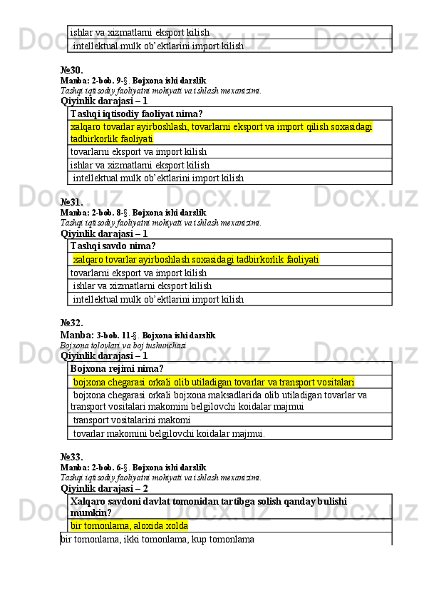 ishlar va xizmatlarni eksport kilish
 intellektual mulk ob’ektlarini import kilish
№30.
Manba: 2 -bob. 9 -§.  Bojxona ishi darslik
Tashqi iqtisodiy faoliyatni mohiyati va ishlash mexanizimi.
Qiyinlik darajasi – 1
Tashqi iqtisodiy faoliyat nima?
xalqaro tovarlar ayirboshlash, tovarlarni eksport va import qilish soxasidagi 
tadbirkorlik faoliyati
tovarlarni eksport va import kilish
ishlar va xizmatlarni eksport kilish
 intellektual mulk ob’ektlarini import kilish
№ 3 1.
Manba: 2 -bob. 8 -§.  Bojxona ishi darslik
Tashqi iqtisodiy faoliyatni mohiyati va ishlash mexanizimi.
Qiyinlik darajasi – 1
Tashqi savdo nima?
  xalqaro tovarlar ayirboshlash soxasidagi tadbirkorlik faoliyati
tovarlarni eksport va import kilish
 ishlar va xizmatlarni eksport kilish
 intellektual mulk ob’ektlarini import kilish
№ 32 .
Manba:  3-bob. 11 -§.  Bojxona ishi darslik
Bojxona tolovlari va boj tushunchasi.
Qiyinlik darajasi – 1
Bojxona rejimi nima?
  bojxona chegarasi orkali olib utiladigan tovarlar va transport vositalari
 bojxona chegarasi orkali bojxona maksadlarida olib utiladigan tovarlar va    
transport vositalari makomini belgilovchi koidalar majmui
 transport vositalarini makomi
 tovarlar makomini belgilovchi koidalar majmui.
№ 33 .
Manba: 2 -bob.  6 -§.  Bojxona ishi darslik
Tashqi iqtisodiy faoliyatni mohiyati va ishlash mexanizimi.
Qiyinlik darajasi – 2
Xalqaro savdoni davlat tomonidan tartibga solish qanday bulishi 
mumkin?
bir tomonlama, aloxida xolda
bir tomonlama, ikki tomonlama, kup tomonlama 