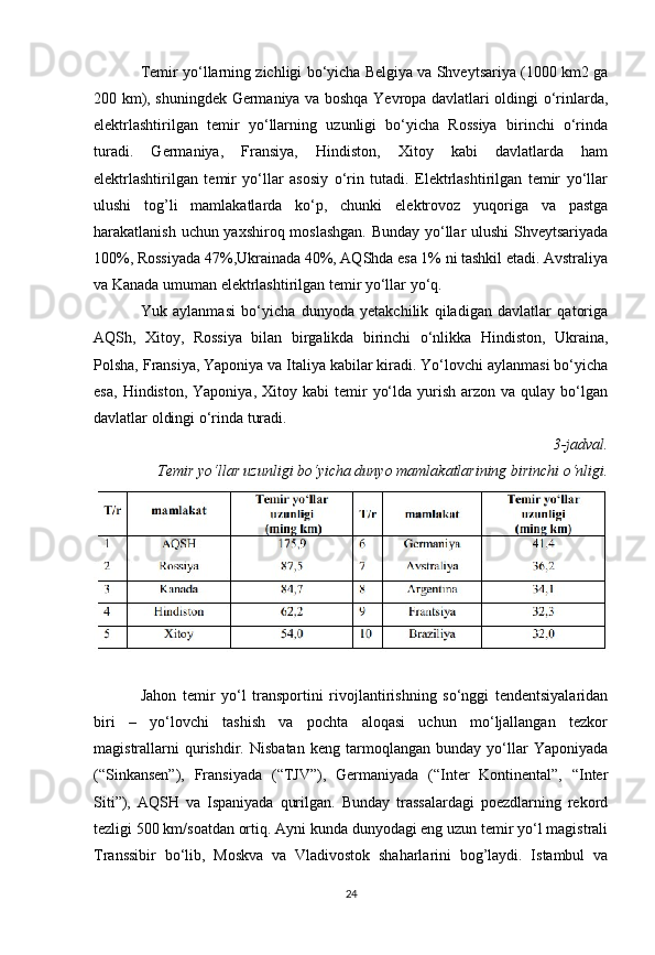 Temir yo‘llarning zichligi bo‘yicha Belgiya va Shveytsariya (1000 km2 ga
200 km), shuningdek Germaniya va boshqa Yevropa davlatlari oldingi o‘rinlarda,
elektrlashtirilgan   temir   yo‘llarning   uzunligi   bo‘yicha   Rossiya   birinchi   o‘rinda
turadi.   Germaniya,   Fransiya,   Hindiston,   Xitoy   kabi   davlatlarda   ham
elektrlashtirilgan   temir   yo‘llar   asosiy   o‘rin   tutadi.   Elektrlashtirilgan   temir   yo‘llar
ulushi   tog’li   mamlakatlarda   ko‘p,   chunki   elektrovoz   yuqoriga   va   pastga
harakatlanish uchun yaxshiroq moslashgan. Bunday yo‘llar ulushi  Shveytsariyada
100%, Rossiyada 47%,Ukrainada 40%, AQShda esa 1% ni tashkil etadi. Avstraliya
va Kanada umuman elektrlashtirilgan temir yo‘llar yo‘q.
Yuk   aylanmasi   bo‘yicha   dunyoda   yetakchilik   qiladigan   davlatlar   qatoriga
AQSh,   Xitoy,   Rossiya   bilan   birgalikda   birinchi   o‘nlikka   Hindiston,   Ukraina,
Polsha, Fransiya, Yaponiya va Italiya kabilar kiradi. Yo‘lovchi aylanmasi bo‘yicha
esa,   Hindiston,  Yaponiya,  Xitoy  kabi  temir   yo‘lda  yurish  arzon  va   qulay   bo‘lgan
davlatlar oldingi o‘rinda turadi.
3-jadval. 
Temir yo‘llar uzunligi bo‘yicha dunyo mamlakatlarining birinchi o‘nligi.
Jahon   temir   yo‘l   transportini   rivojlantirishning   so‘nggi   tendentsiyalaridan
biri   –   yo‘lovchi   tashish   va   pochta   aloqasi   uchun   mo‘ljallangan   tezkor
magistrallarni   qurishdir.   Nisbatan   keng   tarmoqlangan   bunday   yo‘llar   Yaponiyada
(“Sinkansen”),   Fransiyada   (“TJV”),   Germaniyada   (“Inter   Kontinental”,   “Inter
Siti”),   AQSH   va   Ispaniyada   qurilgan.   Bunday   trassalardagi   poezdlarning   rekord
tezligi 500 km/soatdan ortiq. Ayni kunda dunyodagi eng uzun temir yo‘l magistrali
Transsibir   bo‘lib,   Moskva   va   Vladivostok   shaharlarini   bog’laydi.   Istambul   va
24 