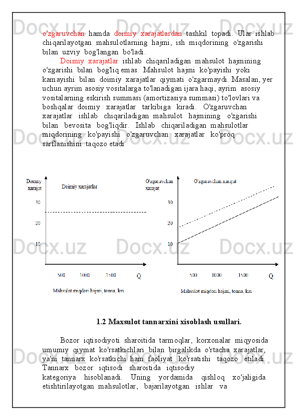 o'zgaruvchan   hamda   doimiy  xarajatlardan   tashkil  topadi.  Ular  ishlab
chiqarilayotgan  mahsulotlarning  hajmi,  ish  miqdorining  o'zgarishi  
bilan  uzviy  bog'langan  bo'ladi. 
Doimiy  xarajatlar   ishlab  chiqariladigan  mahsulot  hajmining  
o'zgarishi  bilan  bog'liq emas.  Mahsulot  hajmi  ko'payishi  yoki  
kamayishi  bilan  doimiy  xarajatlar  qiymati  o'zgarmaydi. Masalan, yer 
uchun ayrim asosiy vositalarga to'lanadigan ijara haqi, ayrim  asosiy 
vositalarning eskirish summasi (amortizasiya summasi) to'lovlari va 
boshqalar  doimiy   xarajatlar   tarkibiga   kiradi.   O'zgaruvchan   
xarajatlar   ishlab   chiqariladigan  mahsulot   hajmining   o'zgarishi   
bilan   bevosita   bog'liqdir.   Ishlab   chiqariladigan  mahsulotlar   
miqdorining   ko'payishi   o'zgaruvchan   xarajatlar   ko'proq   
sarflanishini  taqozo etadi
                           1.2 Maxsulot tannarxini xisoblash usullari. 
Bozor  iqtisodiyoti  sharoitida  tarmoqlar,  korxonalar  miqyosida  
umumiy  qiymat  ko'rsatkichlari  bilan  birgalikda  o'rtacha  xarajatlar,  
ya'ni  tannarx  ko'rsatkichi  ham  faoliyat   ko'rsatishi   taqozo   etiladi.   
Tannarx   bozor   iqtisodi   sharoitida   iqtisodiy 
k ategoriya    hisoblanadi.    Uning    yordamida    qishloq    xo'jaligida    
etishtirilayotgan   mahsulotlar ,    bajarilayotgan     ishlar     va     