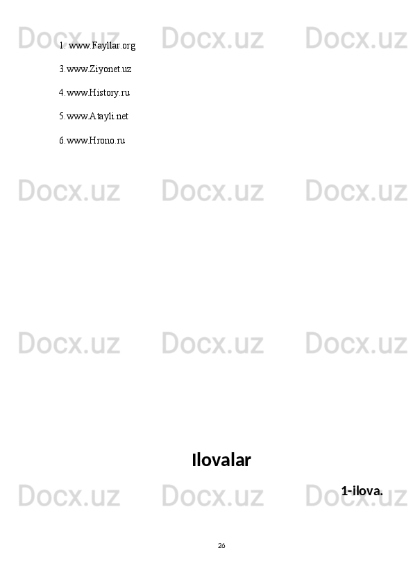 1. www.Fayllar.org
3.www.Ziyonet.uz
4.www.History.ru
5.www.Atayli.net
6.www.Hrono.ru
Ilovalar
         1-ilova.
26