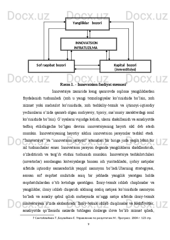  
Rasm 1. - Innovatsion faoliyat sxemasi 7
 
                  Innovatsiya   zamirida   keng   qamrovda   oqilona   yangiliklardan
foydalanish   tushuniladi   (xoh   u   yangi   texnologiyalar   ko’rinishida   bo’lsin,   xoh
xizmat   yoki   mahsulot   ko’rinishida,   xoh   tashkiliy-texnik   va   ijtimoyi-iqtisodiy
yechimlarni o’zida qamrab olgan moliyaviy, tijoriy, ma’muriy xarakterdagi omil
ko’rinishida bo’lsin). G’oyalarni vujudga kelish, ularni shakillanish va amaliyotda
tadbiq   etilishigacha   bo’lgan   davrini   innovatsiyaning   hayoti   sikl   deb   atash
mumkin.   Innovatsiyaning   hayotiy   siklini   innovatsion   jarayonlar   tashkil   etadi.
“Innovatsiya”   va   “innovatsion   jarayon”   atamalari   bir   biriga   juda  yaqin   lekin  bir
xil   tushunchalar   emas.   Innovatsion   jarayon   deganda   yangiliklarni   shakllantirish,
o’zlashtirish   va   targ’ib   etishni   tushunish   mumkin.   Innovatsiya   tashkilotchilari
(novatorlar)   asoslangan   kriteriyalarga   binoan   ish   yuritadilarki,   ijobiy   natijalar
sifatida   iqtisodiy   samaradorlik   yaqqol   namoyon   bo’ladi.Ularning   strategiyasi,
asosan   sof   raqobat   muhitida   aniq   bir   jabhada   yangilik   yaratgan   holda
raqobatchilardan   o’tib   ketishga   qaratilgan.   Ilmiy-texnik   ishlab   chiqilmalar   va
yangiliklar,   ilmiy   ishlab   chiqarish   siklning   oraliq   natijasi   ko’rinishida   namoyon
bo’ladi   va   amaliy   qabul   qilish   mobaynida   so’nggi   natija   sifatida   ilmiy-texnik
innovatsiyani o’zida akslantiradi. Ilmiy-texnik ishlab chiqilmalar va kashfiyotlar,
amaliyotda   qo’llanishi   nazarda   tutilagan   ilmlarga   ilova   bo’lib   xizmat   qiladi,
7   Сантойлайнен Т.,Боулайнен Е. Управление по резултатам.М.: Прогресс. 2004 г. 123 стр. 
  9Yangiliklar   b ozori  
INNOVATSION 
INFRATUZILMA  
S of   raqobat   bozori  
  Kapital   bozori  
( innvest i tsiya )   