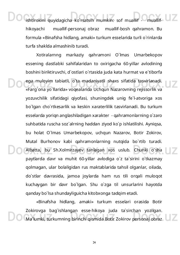 ishtirokini   quyidagicha   ko`rsatsih   mumkin:   sof   muallif   -     muallif-
hikoyachi     muallif-personaj   obraz   muallif-bosh   qahramon.   Bu 
formula «Binafsha hidlang, amaki» turkum esselarida turli o`rinlarda
turfa shaklda almashinib turadi.
Xotiralarnng   markaziy   qahramoni   O`lmas   Umarbekopov
essening   dastlabki   sahifalaridan   to   oxirigacha   60-yillar   avlodining
boshini biriktiruvchi, d`ostlari o`rtasida juda kata hurmat va e`tiborfa
ega   muloyim   tabiatli,   o`ta   madaniyatli   shaxs   sifatida   tasvirlanadi.
«Farg`ona yo`llarida» voqealarida Uchqun Nazarovning rejissorlik va
yozuvchilik   sifatidagi   qiyofasi,   shuningdek   unig   fe`l-atvoriga   xos
bo`lgan   cho`rtkesarlik   va   keskin   xaraterlilik   tasvirlanadi.   Bu   turkum
esselarda yoriqn anglashiladigan xarakter  - qahramonlarning o`zaro
suhbatida ruscha soz`alrning haddan ziyod ko`p ishlatilishi. Ayniqsa,
bu   holat   O`lmas   Umarbekopov,   uchqun   Nazarov,   Botir   Zokirov,
Mutal   Burhonov   kabi   qahramonlarning   nutqida   bo`rtib   turadi.
Albatta,   bu   Sh.Xolmirzayev   tanlagan   xos   uslub.   Chunki   o`sha
paytlarda   davr   va   muhit   60-yillar   avlodiga   o`z   ta`sirini   o`tkazmay
qolmagan,   ular   bolaligidan   rus   maktablarida   tahsil   olganlar,   oilada,
do`stlar   davrasida,   jamoa   joylarda   ham   rus   tili   orqali   muloqot
kuchaygan   bir   davr   bo`lgan.   Shu   o`zga   til   unsurlarini   hayotda
qanday bo`lsa shundayliguicha kitobxonga tadqim etadi.
«Binafsha   hidlang,   amaki»   turkum   esselari   orasida   Botir
Zokirovga   bag`ishlangan   esse-hikoya   juda   ta`sirchan   yozilgan.
Ma`lumki, turkumning birinchi qismida Botir Zokirov personaj obraz
24 