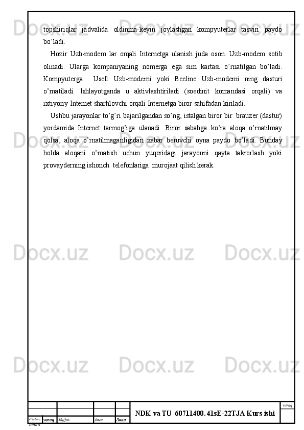 O’lcha m
mm m varaq Hujjat: Imzo
Sana  varaq
NDK va TU  60711400 .   41sE -2 2 TJA  Kurs ishitopshiriqlar   jadvalida   oldinma-keyin   joylashgan   kompyuterlar   tasviri   paydo
bo’ladi.
Hozir   Uzb-modem   lar   orqali   Internetga   ulanish   juda   oson.   Uzb-modem   sotib
olinadi.   Ularga   kompaniyaning   nomerga   ega   sim   kartasi   o’rnatilgan   bo’ladi.
Kompyuterga     Usell   Uzb-modemi   yoki   Beeline   Uzb-modemi   ning   dasturi
o’rnatiladi.   Ishlayotganda   u   aktivlashtiriladi   (soedinit   komandasi   orqali)   va
ixtiyoriy Internet sharhlovchi orqali Internetga biror sahifadan kiriladi.
Ushbu jarayonlar to’g’ri bajarilgandan so’ng, istalgan biror bir  brauzer (dastur)
yordamida   Internet   tarmog’iga   ulanadi.   Biror   sababga   ko’ra   aloqa   o’rnatilmay
qolsa,   aloqa   o’rnatilmagan ligidan   xabar   beruvchi   oyna   paydo   bo’ladi.   Bunday
holda   aloqani   o’rnatish   uchun   yuqoridagi   jarayonni   qayta   takrorlash   yoki
provayderning ishonch  telefonlariga  murojaat qilish kerak.