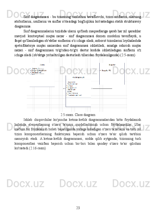   Sinf diagrammasi - bu tizimning tuzilishini tavsiflovchi, tizim sinflarini, ularning
atributlarini, usullarini va sinflar o'rtasidagi bog'liqlikni ko'rsatadigan statik strukturaviy
diagramma.
  Sinf diagrammalarini tuzishda ularni qo'llash maqsadlariga qarab har xil qarashlar
mavjud:   kontseptual   nuqtai   nazar   -   sinf   diagrammasi   domen   modelini   tavsiflaydi,   u
faqat qo'llaniladigan ob'ektlar sinflarini o'z ichiga oladi; axborot tizimlarini loyihalashda
spetsifikatsiya   nuqtai   nazaridan   sinf   diagrammasi   ishlatiladi;   amalga   oshirish   nuqtai
nazari   -   sinf   diagrammasi   to'g'ridan-to'g'ri   dastur   kodida   ishlatiladigan   sinflarni   o'z
ichiga oladi (ob'ektga yo'naltirilgan dasturlash tillaridan foydalanilganda).(2.5-rasm)
2.5-rasm. Class diagram
  Ishlab   chiquvchilar   ko'pincha   ketma-ketlik   diagrammalaridan   bitta   foydalanish
holatida   elementlarning   o'zaro   ta'sirini   modellashtirish   uchun   foydalanadilar.   Ular
ma'lum bir foydalanish holati bajarilganda yuzaga keladigan o'zaro ta'sirlarni va turli xil
tizim   komponentlarining   funktsiyani   bajarish   uchun   o'zaro   ta'sir   qilish   tartibini
namoyish   etadi.   A   ketma-ketlik   diagrammasi ,   sodda   qilib   aytganda,   tizimning   turli
komponentlari   vazifani   bajarish   uchun   bir-biri   bilan   qanday   o'zaro   ta'sir   qilishini
ko'rsatadi.(2.16-rasm)
23 