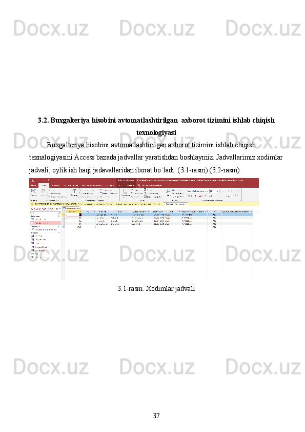 3.2.  Buxgalteriya hisobini avtomatlashtirilgan   axborot tizimini ishlab chiqish
texnologiyasi
Buxgalteriya hisobini  avtomatlashtirilgan axborot tizimini ishlab chiqish 
texnalogiyasini Access bazada jadvallar yaratishdan boshlaymiz. Jadvallarimiz xodimlar
jadvali, oylik ish haqi jadavallaridan iborat bo`ladi. (3.1-rasm) (3.2-rasm)
3.1-rasm. Xodimlar jadvali
37 