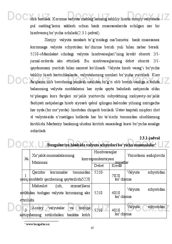 olib boriladi. Korxona valyuta mablag‘larining tahliliy hisobi xorijiy valyutada
pul   mablag‘larini   saklash   uchun   bank   muassasalarida   ochilgan   xar   bir
hisobvaraq bo‘yicha ochiladi(2.3.1-jadval).
  Xorijiy     valyuta   xarakati   to‘g‘risidagi   ma’lumotni     bank   muassasasi
korxonaga   valyuta   schyotidan   ko‘chirma   berish   yuli   bilan   xabar   beradi.
5210-«Mamlakat   ichidagi   valyuta   hisobvaraqlari”ning   kredit   oboroti   2/1-
jurnal-orderda   aks   ettiriladi.   Bu   xisobvaraqlarning   debet   oboroti   2/1-
qaydnomani   yuritish   bilan   nazorat   ko‘ilinadi.   Valyuta   hisob   varag‘i   bo‘yicha
tahliliy   hisob   kartochkalarda,   valyutalarning   nomlari   bo‘yicha   yuritiladi.   Kurs
farqlarini  olib borishning  jamlash  usulidan  to‘g‘ri  olib borish  usuliga  o‘tishda
balansning   valyuta   moddalarini   har   oyda   qayta   baholash   natijasida   oldin
to‘plangan   kurs   farqlari   xo‘jalik   yurituvchi   subyektning   moliyaviy-xo‘jalik
faoliyati natijalariga hisob siyosati qabul qilingan kalendar yilining oxirigacha
har oyda (bir me’yorda)    hisobdan chiqarib boriladi.   Ustav kapitali miqdori chet
el   valyutasida   o‘rnatilgan   hollarda   har   bir   ta’sischi   tomonidan   ulushlarning
kiritilishi Markaziy bankning ulushni kiritish sanasidagi kursi bo‘yicha amalga
oshiriladi.
2.3.1-jadval
 Buxgalteriya hisobida valyuta schyotlari bo’yicha muomalalar 1
№ Xo‘jalik  m uomalalarining
Mazmuni Hisobvaraqlar
korrespondentsiyasi Yozuvlarni asdiqlovchi
xujjatlar
Debet Kredit
1 Qarzdor   korxonalar   tomonidan
ueoq muddatlr qarzlarning qaytarilishi 5210-
5220 7820 Valyuta   schyotidan
ko‘chirma
2 Mahsulot   (ish,   xizmat)larni
sotishdan   tushgan   valyuta   kirimining   aks
ettirilishi 5210 4010 Valyuta   schyotidan
ko‘chirma
3 Asosiy   valyutalar   va   boshqa
aktiqvlarning   sotilishidan   bankka   kelib 5210 4010 Valyuta   schyotidan
ko‘chirma
1
 www.buxgalter.uz
37