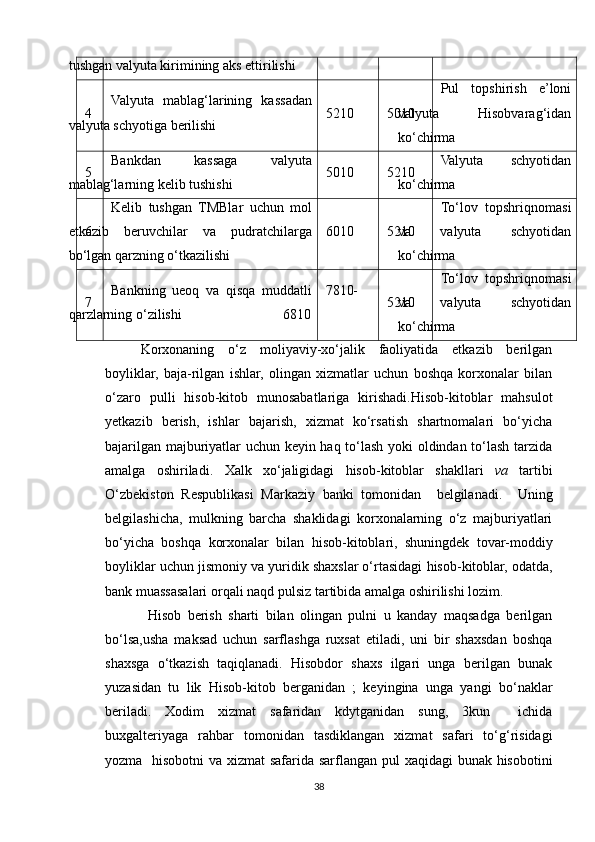 tushgan valyuta kirimining aks ettirilishi
4 Valyuta   mablag‘larining   kassadan
valyuta schyotiga berilishi 5210 5010 Pul   topshirish   e’loni
valyuta   Hisobvarag‘idan
ko‘chirma
5 Bankdan   kassaga   valyuta
mablag‘larning kelib tushishi 5010 5210 Valyuta   schyotidan
ko‘chirma
6 Kelib   tushgan   TMBlar   uchun   mol
etkazib   beruvchilar   va   pudratchilarga
bo‘lgan qarzning o‘tkazilishi 6010 5210 To‘lov   topshriqnomasi
va   valyuta   schyotidan
ko‘chirma
7 Bankning   ueoq   va   qisqa   muddatli
qarzlarning o‘zilishi 7810-
6810 5210 To‘lov   topshriqnomasi
va   valyuta   schyotidan
ko‘chirma
Korxonaning   o‘z   moliyaviy-xo‘jalik   faoliyatida   etkazib   berilgan
boyliklar,   baja-rilgan   ishlar,   olingan   xizmatlar   uchun   boshqa   korxonalar   bilan
o‘zaro   pulli   hisob-kitob   munosabatlariga   kirishadi.Hisob-kitoblar   mahsulot
yetkazib   berish,   ishlar   bajarish,   xizmat   ko‘rsatish   shartnomalari   bo‘yicha
bajarilgan majburiyatlar uchun keyin haq to‘lash yoki oldindan to‘lash tarzida
amalga   oshiriladi.   Xalk   xo‘ jaligidagi   hisob -kitoblar   shakllari   va   tartibi
O‘zbekiston   Respublikasi   Markaziy   banki   tomonidan     belgilanadi.     Uning
belgi lashicha,   mulkning   barcha   shaklidagi   korxonalarning   o‘z   majburiyatlari
bo‘yicha   boshqa   k orxonalar   bilan   hisob -kitoblari,   shuningdek   tovar-moddiy
boyliklar uchun jismoniy va  yu ridik shaxslar o‘rtasidagi  hisob -kitoblar, odatda,
bank muassasalari orqali naqd pulsiz  ta rtibida amalga oshirilishi lozim.
Hisob   berish   sharti   bilan   olingan   pulni   u   kanday   maqsadga   berilgan
bo‘lsa,usha   maksad   uchun   sarflashga   ruxsat   etiladi,   uni   bir   shaxsdan   boshqa
shaxsga   o‘tkazish   taqiqlanadi.   Hisobdor   shaxs   ilgari   unga   berilgan   bunak
yuzasidan   tu   lik   Hisob-kitob   berganidan   ;   keyingina   unga   yangi   bo‘naklar
beriladi.   Xodim   xizmat   safaridan   kdytganidan   sung,   3kun     ichida
buxgalteriyaga   rahbar   tomonidan   tasdiklangan   xizmat   safari   to‘g‘risidagi
yozma   hisobotni  va xizmat  safarida sarflangan pul xaqidagi bunak hisobotini
38 