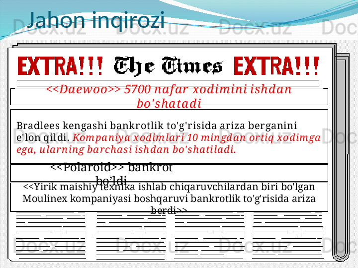 Jahon inqirozi
<<Da ew oo>> 5700 n a f a r  x od i m i n i is h d a n  
b o' s h a ta d i
Bradlees kengashi bankr ot lik t o'g' r isida ariza ber ganini 
e' lon qildi.  Kom pa n iy a  x od im la r i 10 m in gd a n  or t iq  x od im ga  
ega ,  u la r n in g b a r ch a si is h d a n  b o' sh a t ila d i.
<<Polaroid>> bankrot 
bo’ldi
<<Yirik maishiy texnika ishlab chiqaruvchilardan biri bo'lgan 
Moulinex kompaniyasi boshqaruvi bankrotlik to'g'risida ariza 
berdi>>