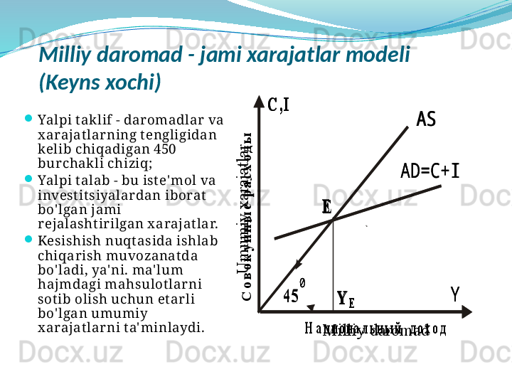 Milliy daromad - jami xarajatlar modeli 
(Keyns xochi)

Yalpi t aklif - daromadlar  va 
x arajat larning t engligidan 
kelib chiqadigan 450 
bur chak li chiziq;

Yalpi t alab - bu ist e' mol va 
invest it siyalardan iborat  
bo' lgan jami 
rejalasht irilgan x arajat lar.

Kesishish nuqt asida ishlab 
chiqarish muvozanat da 
bo' ladi, ya' ni. ma' lum 
hajmdagi mahsulot lar ni 
sot ib olish uchun et ar li 
bo' lgan umumiy 
x arajat larni t a' minlaydi. YНа циона льн ый  до ходСовокупные расходы450 AS
AD= C+IEY
EC,I	
Y	
Н а ц и о н а л ь н ы й     д о х о д	
С
о
в
о
к
у
п
н
ы
е
 р
а
с
х
о
д
ы	
4 5	
0	
AS	
AD=C+I	
E	
Y	E	
C , I	
U
m
u
m
iy
 x
a
ra
ja
tla
r
Мilliy daromad	
Y	
Н а ц и о н а л ь н ы й     д о х о д	
С
о
в
о
к
у
п
н
ы
е
 р
а
с
х
о
д
ы	
4 5	
0	
AS	
AD=C+I	
E	
Y	E	
C , I 