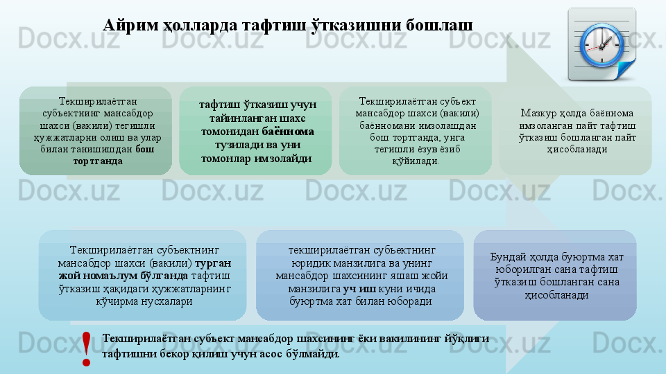 Текширилаётган 
субъектнинг мансабдор 
шахси (вакили) тегишли 
ҳужжатларни олиш ва улар 
билан танишишдан  бош 
тортганда тафтиш ўтказиш учун 
тайинланган шахс 
томонидан  баённома  
тузилади ва уни 
томонлар имзолайди  Текширилаётган субъект 
мансабдор шахси (вакили) 
баённомани имзолашдан 
бош тортганда, унга 
тегишли ёзув ёзиб 
қўйилади.  Мазкур ҳолда баённома 
имзоланган пайт тафтиш 
ўтказиш бошланган пайт 
ҳисобланади
Текширилаётган субъектнинг 
мансабдор шахси (вакили)  турган 
жой номаълум бўлганда  тафтиш 
ўтказиш ҳақидаги ҳужжатларнинг 
кўчирма нусхалари текширилаётган субъектнинг 
юридик манзилига ва унинг 
мансабдор шахсининг яшаш жойи 
манзилига  уч иш  куни ичида 
буюртма хат билан юборади  Бундай ҳолда буюртма хат 
юборилган сана тафтиш 
ўтказиш бошланган сана 
ҳисобланадиАйрим ҳолларда тафтиш ўтказишни бошлаш
Текширилаётган субъект мансабдор шахсининг ёки вакилининг йўқлиги 
тафтишни бекор қилиш учун асос бўлмайди.
! 