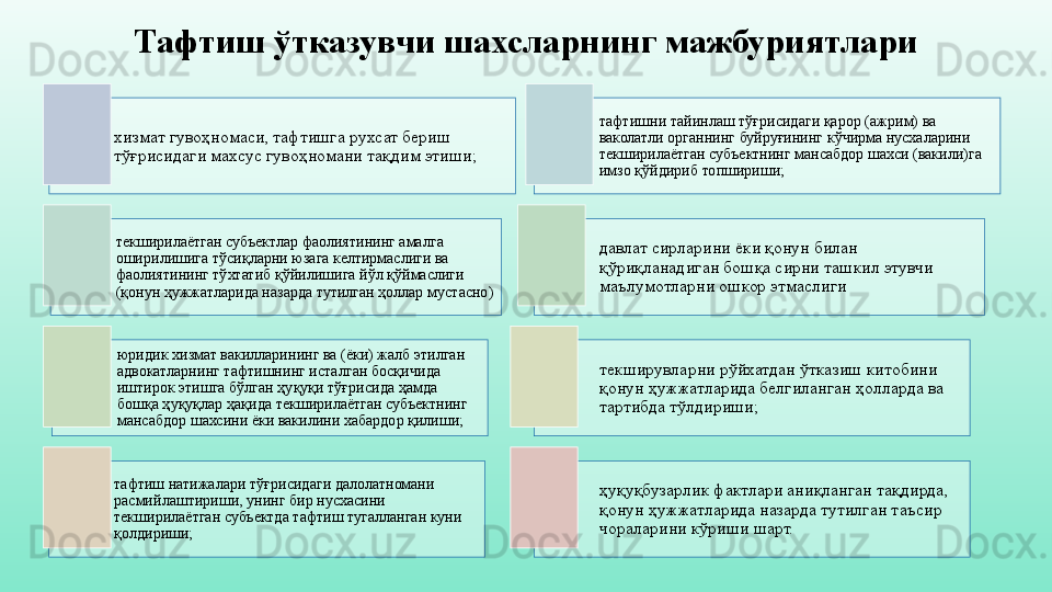 Тафтиш ўтказувчи шахсларнинг мажбуриятлари
хизмат гувоҳномаси, тафтишга рухсат бериш 
тўғрисидаги махсус гувоҳномани тақдим этиши; тафтишни тайинлаш тўғрисидаги қарор (ажрим) ва 
ваколатли органнинг буйруғининг кўчирма нусхаларини 
текширилаётган субъектнинг мансабдор шахси (вакили)га 
имзо қўйдириб топшириши;
текширилаётган субъектлар фаолиятининг амалга 
оширилишига тўсиқларни юзага келтирмаслиги ва 
фаолиятининг тўхтатиб қўйилишига йўл қўймаслиги 
(қонун ҳужжатларида назарда тутилган ҳоллар мустасно) давлат сирларини ёки қонун билан 
қўриқланадиган бошқа сирни ташкил этувчи 
маълумотларни ошкор этмаслиги
юридик хизмат вакилларининг ва (ёки) жалб этилган 
адвокатларнинг тафтишнинг исталган босқичида 
иштирок этишга бўлган ҳуқуқи тўғрисида ҳамда 
бошқа ҳуқуқлар ҳақида текширилаётган субъектнинг 
мансабдор шахсини ёки вакилини хабардор қилиши; текширувларни рўйхатдан ўтказиш китобини 
қонун ҳужжатларида белгиланган ҳолларда ва 
тартибда тўлдириши;
тафтиш натижалари тўғрисидаги далолатномани 
расмийлаштириши, унинг бир нусхасини 
текширилаётган субъектда тафтиш тугалланган куни 
қолдириши; ҳуқуқбузарлик фактлари аниқланган тақдирда, 
қонун ҳужжатларида назарда тутилган таъсир 
чораларини кўриши шарт.         