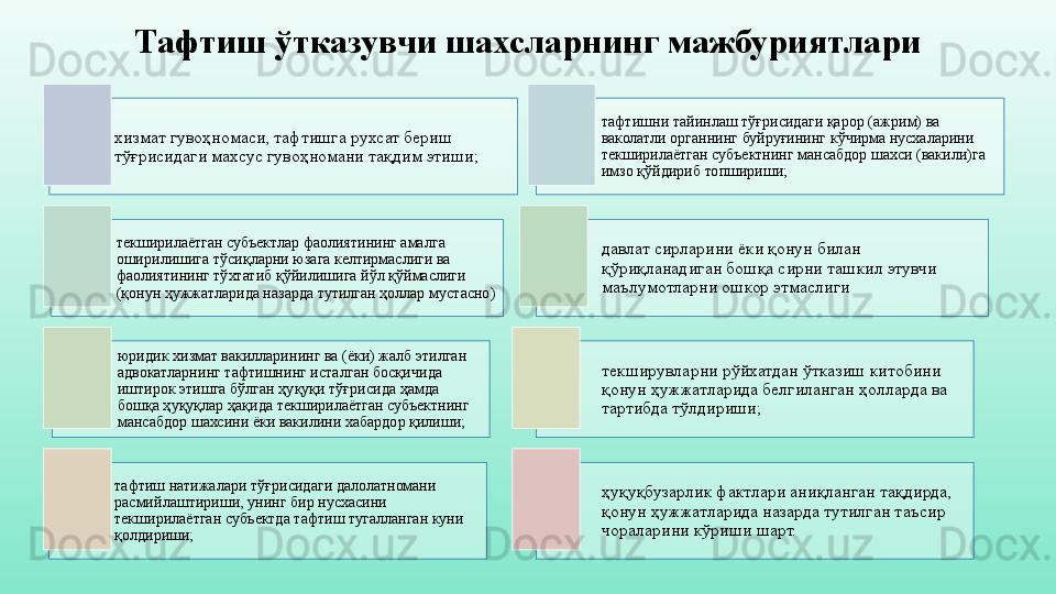 Тафтиш ўтказувчи шахсларнинг мажбуриятлари
хизмат гувоҳномаси, тафтишга рухсат бериш 
тўғрисидаги махсус гувоҳномани тақдим этиши; тафтишни тайинлаш тўғрисидаги қарор (ажрим) ва 
ваколатли органнинг буйруғининг кўчирма нусхаларини 
текширилаётган субъектнинг мансабдор шахси (вакили)га 
имзо қўйдириб топшириши;
текширилаётган субъектлар фаолиятининг амалга 
оширилишига тўсиқларни юзага келтирмаслиги ва 
фаолиятининг тўхтатиб қўйилишига йўл қўймаслиги 
(қонун ҳужжатларида назарда тутилган ҳоллар мустасно) давлат сирларини ёки қонун билан 
қўриқланадиган бошқа сирни ташкил этувчи 
маълумотларни ошкор этмаслиги
юридик хизмат вакилларининг ва (ёки) жалб этилган 
адвокатларнинг тафтишнинг исталган босқичида 
иштирок этишга бўлган ҳуқуқи тўғрисида ҳамда 
бошқа ҳуқуқлар ҳақида текширилаётган субъектнинг 
мансабдор шахсини ёки вакилини хабардор қилиши; текширувларни рўйхатдан ўтказиш китобини 
қонун ҳужжатларида белгиланган ҳолларда ва 
тартибда тўлдириши;
тафтиш натижалари тўғрисидаги далолатномани 
расмийлаштириши, унинг бир нусхасини 
текширилаётган субъектда тафтиш тугалланган куни 
қолдириши; ҳуқуқбузарлик фактлари аниқланган тақдирда, 
қонун ҳужжатларида назарда тутилган таъсир 
чораларини кўриши шарт.