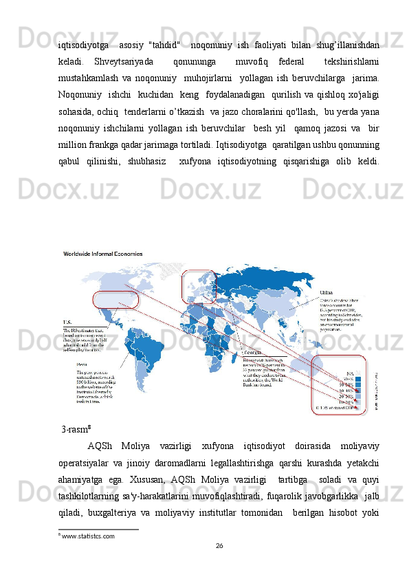 iqtisodiyotga     asosiy   "tahdid"     noqonuniy   ish   faoliyati   bilan   shug’illanishdan
keladi.   Shveytsariyada     qonununga     muvofiq   federal     tekshirishlarni
mustahkamlash   va   noqonuniy     muhojirlarni     yollagan   ish   beruvchilarga     jarima.
Noqonuniy   ishchi    kuchidan    keng   foydalanadigan    qurilish  va qishloq xo'jaligi
sohasida, ochiq   tenderlarni o’tkazish   va jazo choralarini qo'llash,   bu yerda yana
noqonuniy   ishchilarni   yollagan   ish   beruvchilar     besh   yil     qamoq   jazosi   va     bir
million frankga qadar jarimaga tortiladi. Iqtisodiyotga  qaratilgan ushbu qonunning
qabul   qilinishi,   shubhasiz     xufyona   iqtisodiyotning   qisqarishiga   olib   keldi.
  3-rasm 8
AQSh   Moliya   vazirligi   xufyona   iqtisodiyot   doirasida   moliyaviy
operatsiyalar   va   jinoiy   daromadlarni   legallashtirishga   qarshi   kurashda   yetakchi
ahamiyatga   ega.   Xususan,   AQSh   Moliya   vazirligi     tartibga     soladi   va   quyi
tashkilotlarning   sa'y-harakatlarini   muvofiqlashtiradi,   fuqarolik   javobgarlikka     jalb
qiladi,   buxgalteriya   va   moliyaviy   institutlar   tomonidan     berilgan   hisobot   yoki
8
 www.statistcs.com
26 