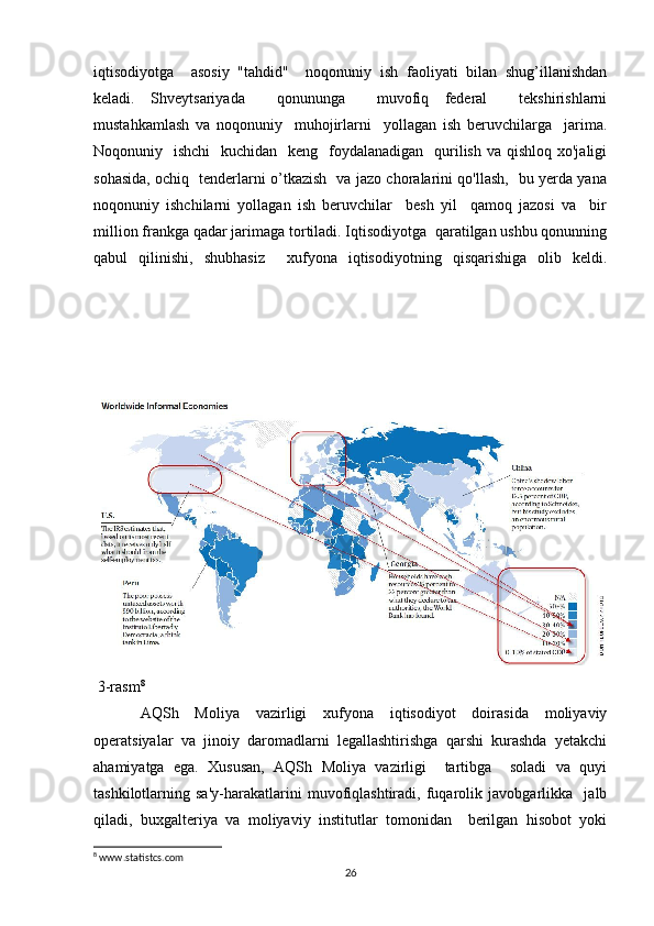 iqtisodiyotga     asosiy   "tahdid"     noqonuniy   ish   faoliyati   bilan   shug’illanishdan
keladi.   Shveytsariyada     qonununga     muvofiq   federal     tekshirishlarni
mustahkamlash   va   noqonuniy     muhojirlarni     yollagan   ish   beruvchilarga     jarima.
Noqonuniy   ishchi    kuchidan    keng   foydalanadigan    qurilish  va qishloq xo'jaligi
sohasida, ochiq   tenderlarni o’tkazish   va jazo choralarini qo'llash,   bu yerda yana
noqonuniy   ishchilarni   yollagan   ish   beruvchilar     besh   yil     qamoq   jazosi   va     bir
million frankga qadar jarimaga tortiladi. Iqtisodiyotga  qaratilgan ushbu qonunning
qabul   qilinishi,   shubhasiz     xufyona   iqtisodiyotning   qisqarishiga   olib   keldi.
  3-rasm 8
AQSh   Moliya   vazirligi   xufyona   iqtisodiyot   doirasida   moliyaviy
operatsiyalar   va   jinoiy   daromadlarni   legallashtirishga   qarshi   kurashda   yetakchi
ahamiyatga   ega.   Xususan,   AQSh   Moliya   vazirligi     tartibga     soladi   va   quyi
tashkilotlarning   sa'y-harakatlarini   muvofiqlashtiradi,   fuqarolik   javobgarlikka     jalb
qiladi,   buxgalteriya   va   moliyaviy   institutlar   tomonidan     berilgan   hisobot   yoki
8
 www.statistcs.com
26