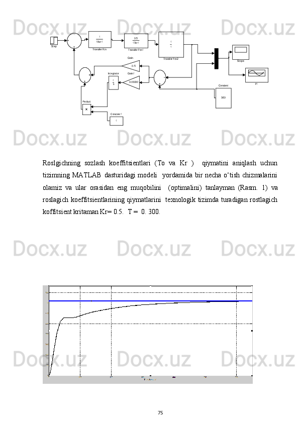 11	
T ra nsfer Fcn2	
17s+10.5	
T ra nsfer Fcn1	
118s+1
T ra nsfer Fcn	Ste p	
Sco pe	
Pro duct	
1s
Inte gra tor	
0.0 300 0
Gai n 1
0.5
Gai n	
F1	
1
Con stan t1	
36 0
Con stan tRoslgichning   sozlash   koeffitsientlari   (To   va   Kr   )     qiymatini   aniqlash   uchun
tizimning MATLAB dasturidagi modeli    yordamida bir necha o‘tish chizmalarini
olamiz   va   ular   orasidan   eng   muqobilini     (optimalini)   tanlayman   (Rasm.   1 )   va
roslagich koeffitsientlarining qiymatlarini   texnologik tizimda turadigan rostlagich
koffitsient kritaman Kr= 0. 5 .  T =  0.  300 .
75 