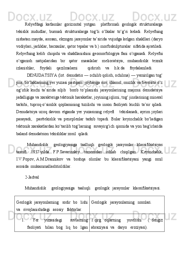 Relyef dagi   katlamlar   gorizontal   yotgan     platformali   geologik   strukturalarga
tekislik   xududlar,   burmali   strukturalarga   tog‘li   о‘lkalar   tо‘g‘ri   keladi.   Relyef ning
nisbatan mayda, asosan, ekzogen jarayonlar ta’sirida vujudga kelgan shakllari (daryo
vodiylari, jarliklar, barxanlar, qator tepalar va b.) morfoskulpturalar  sifatida ajratiladi.
Relyef ning   kelib   chiqishi   va   shakllanishini   geomorfologiya   fani   о‘rganadi.   Relyef ni
о‘rganish   natijalaridan   bir   qator   masalalar:   melioratsiya,   muhandislik   texnik
izlanishlar,   foydali   qazilmalarni     qidirish   va   h.k.da   foydalaniladi.    
DENUDATSIYA  (lot. denudatio — ochilib qolish, ochilma) — yemirilgan tog‘
jins, bо‘laklarining yer yuzasi pastqam  joylariga suv, shamol, muzlik va bevosita о‘z
og‘irlik   kuchi   ta’sirida   siljib     borib   tо‘planishi   jarayonlarining   majmui   denudatsiya
jadalligiga va xarakteriga tektonik harakatlar, joyining iqlimi, tog‘ jinslarining mineral
tarkibi,   tuproq-о‘simlik   qoplamining   tuzilishi   va   inson   faoliyati   kuchli   ta’sir   qiladi.
Denudatsiya   uzoq   davom   etganda   yer   yuzasining   relyefi       tekislanadi,   ayrim   joylari
pasayadi,     pasttekislik   va   peneplenlar   tarkib   topadi.   Bular   keyinchalik   bо‘ladigan
tektonik xarakatlardan kо‘tarilib tog‘larning  suvayirg‘ich qismida va yon bag‘irlarida
baland denudatsion tekisliklar xosil  qiladi.
Muhandislik       geologiyasiga     taalluqli     geologik     jarayonlar     klassifikatsiyas
tasnifi     1937-yilda     F.P.Savarinskiy     tomonidan     ishlab     chiqilgan.     Keyinchalik,
I.V.Popov,   A.M.Drannikov     va     boshqa     olimlar     bu     klassifikatsiyani     yangi     omil
asosida  mukammallashtirildilar.
2-Jadval
Muhandislik     geologiyasiga   taaluqli    geologik   jarayonlar   klassifikatsiyasi.
Geologik  jarayonlarning   sodir  bo lishi
va   rivojlanishidagi   asosiy   faktorlar. Geologik   jarayonlarning   nomlari.
1.     Yer     yuzasidagi       suvlarning
faoliyati     bilan   bog liq   bo lgan	
  1.qirg oqlarning       yuvilishi       (   dengiz	

abraziyasi  va   daryo   eroziyasi).   