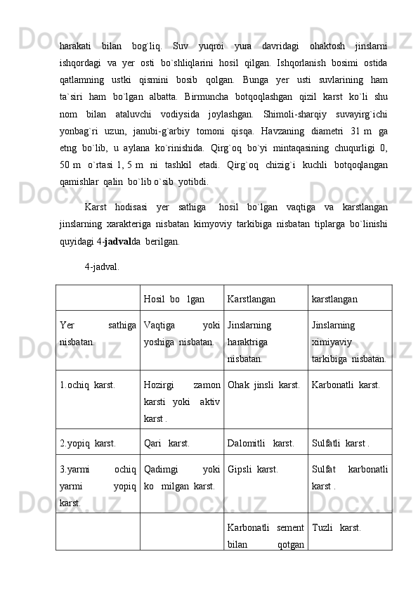 harakati     bilan     bog`liq.     Suv     yuqroi     yura     davridagi     ohaktosh     jinslarni
ishqordagi  va  yer  osti  bo`shliqlarini  hosil  qilgan.  Ishqorlanish  bosimi  ostida
qatlamning     ustki     qismini     bosib     qolgan.     Bunga     yer     usti     suvlarining     ham
ta`siri   ham   bo`lgan   albatta.   Birmuncha   botqoqlashgan   qizil   karst   ko`li   shu
nom     bilan     ataluvchi     vodiysida     joylashgan.     Shimoli-sharqiy     suvayirg`ichi
yonbag`ri    uzun,   janubi-g`arbiy   tomoni     qisqa.   Havzaning     diametri    31  m     ga
etng  bo`lib,  u  aylana  ko`rinishida.  Qirg`oq  bo`yi  mintaqasining  chuqurligi  0,
50  m     o`rtasi   1,   5  m     ni     tashkil     etadi.    Qirg`oq    chizig`i     kuchli     botqoqlangan
qamishlar  qalin  bo`lib o`sib  yotibdi.  
Karst     hodisasi     yer     sathiga       hosil     bo`lgan     vaqtiga     va     karstlangan
jinslarning  xarakteriga  nisbatan  kimyoviy  tarkibiga  nisbatan  tiplarga  bo`linishi
quyidagi 4- jadval da  berilgan.
4-jadval. 
Hosil  bo lgan Karstlangan   karstlangan
Yer     sathiga
nisbatan. Vaqtiga     yoki
yoshiga  nisbatan.  Jinslarning
haraktriga
nisbatan. Jinslarning
ximiyaviy
tarkibiga  nisbatan.
1.ochiq  karst.  Hozirgi     zamon
karsti     yoki      aktiv
karst . Ohak  jinsli  karst. Karbonatli  karst. 
2.yopiq  karst. Qari   karst.  Dalomitli   karst. Sulfatli  karst .
3.yarmi     ochiq
yarmi     yopiq
karst. Qadimgi       yoki
ko milgan  karst.	
 Gipsli  karst.  Sulfat     karbonatli
karst .
Karbonatli   sement
bilan       qotgan Tuzli   karst. 