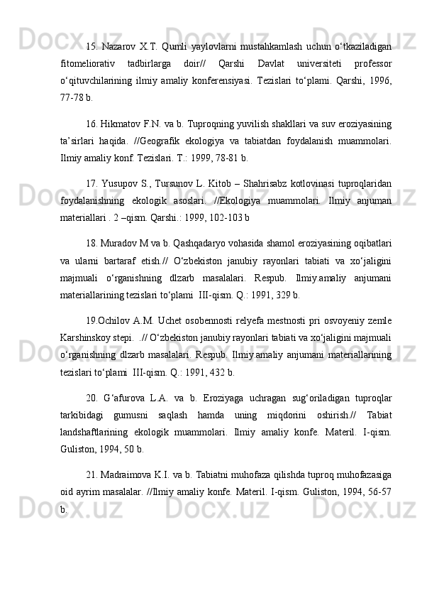 15.   Nazarov   X.T.   Qumli   yaylovlarni   mustahkamlash   uchun   о‘tkaziladigan
fitomeliorativ   tadbirlarga   doir//   Qarshi   Davlat   universiteti   professor
о‘qituvchilarining   ilmiy   amaliy   konferensiyasi.   Tezislari   tо‘plami.   Qarshi,   1996,
77-78 b.
16. Hikmatov F.N. va b. Tuproqning yuvilish shakllari va suv eroziyasining
ta’sirlari   haqida.   //Geografik   ekologiya   va   tabiatdan   foydalanish   muammolari.
Ilmiy amaliy konf. Tezislari. T.: 1999, 78-81 b.
17.  Yusupov   S.,   Tursunov   L.   Kitob  –   Shahrisabz   kotlovinasi   tuproqlaridan
foydalanishning   ekologik   asoslari.   //Ekologiya   muammolari.   Ilmiy   anjuman
materiallari . 2 –qism. Qarshi.: 1999, 102-103 b
18. Muradov M va b. Qashqadaryo vohasida shamol eroziyasining oqibatlari
va   ularni   bartaraf   etish .//   О‘zbekiston   janubiy   rayonlari   tabiati   va   xо‘jaligini
majmuali   о‘rganishning   dlzarb   masalalari.   Respub.   Ilmiy.amaliy   anjumani
materiallarining tezislari tо‘plami  III-qism. Q.: 1991, 329 b.
19.Ochilov   A.M.   Uchet   osobennosti   relyefa   mestnosti   pri   osvoyeniy   zemle
Karshinskoy stepi.  .// О‘zbekiston janubiy rayonlari tabiati va xо‘jaligini majmuali
о‘rganishning   dlzarb   masalalari.   Respub.   Ilmiy.amaliy   anjumani   materiallarining
tezislari tо‘plami  III-qism. Q.: 1991, 432 b. 
20.   G‘afurova   L.A.   va   b.   Eroziyaga   uchragan   sug‘oriladigan   tuproqlar
tarkibidagi   gumusni   saqlash   hamda   uning   miqdorini   oshirish.//   Tabiat
landshaftlarining   ekologik   muammolari.   Ilmiy   amaliy   konfe.   Materil.   I-qism.
Guliston, 1994, 50 b.
21. Madraimova K.I. va b. Tabiatni muhofaza qilishda tuproq muhofazasiga
oid ayrim masalalar. //Ilmiy amaliy konfe. Materil. I-qism. Guliston, 1994, 56-57
b. 