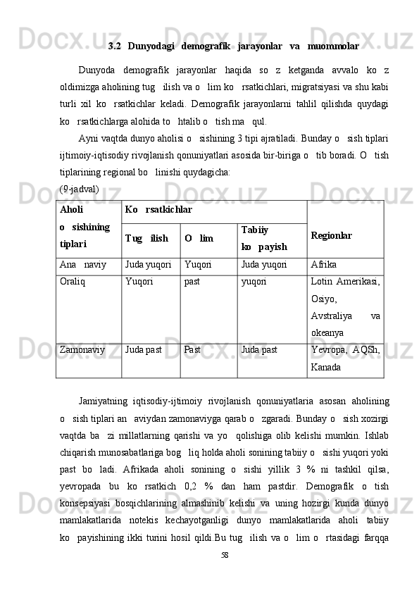 3.2   Dunyodagi   demografik   jarayonlar   va   muommolar
Dunyoda   demografik   jarayonlar   haqida   so z   ketganda   avvalo   ko z 
oldimizga aholining tug ilish va o lim ko rsatkichlari, migratsiyasi va shu kabi	
  
turli   xil   ko rsatkichlar   keladi.   Demografik   jarayonlarni   tahlil   qilishda   quydagi	

ko rsatkichlarga alohida to htalib o tish ma qul.	
   
Ayni vaqtda dunyo aholisi o sishining 3 tipi ajratiladi. Bunday o sish tiplari	
 
ijtimoiy-iqtisodiy rivojlanish qonuniyatlari asosida bir-biriga o tib boradi. O tish	
 
tiplarining regional bo linishi quydagicha:	

(9-jadval)
Aholi
o sishining	

tiplari Ko rsatkichlar	

Regionlar
Tug ilish
 O lim	 Tabiiy
ko payish	

Ana naviy	
 Juda yuqori Yuqori Juda yuqori Afrika
Oraliq Yuqori past yuqori Lotin   Amerikasi,
Osiyo,
Avstraliya   va
okeanya
Zamonaviy Juda past Past Juda past Yevropa,   AQSh,
Kanada
Jamiyatning   iqtisodiy-ijtimoiy   rivojlanish   qonuniyatlaria   asosan   aholining
o sish tiplari an aviydan zamonaviyga qarab o zgaradi. Bunday o sish xozirgi	
   
vaqtda   ba zi   millatlarning   qarishi   va   yo qolishiga   olib   kelishi   mumkin.   Ishlab	
 
chiqarish munosabatlariga bog liq holda aholi sonining tabiiy o sishi yuqori yoki	
 
past   bo ladi.   Afrikada   aholi   sonining   o sishi   yillik   3   %   ni   tashkil   qilsa,	
 
yevropada   bu   ko rsatkich   0,2   %   dan   ham   pastdir.   Demografik   o tish	
 
konsepsiyasi   bosqichlarining   almashinib   kelishi   va   uning   hozirgi   kunda   dunyo
mamlakatlarida   notekis   kechayotganligi   dunyo   mamlakatlarida   aholi   tabiiy
ko payishining   ikki   turini   hosil   qildi.Bu   tug ilish   va   o lim   o rtasidagi   farqqa	
   
58 
