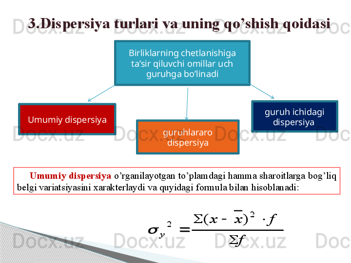 3.Dispersiya turlari va uning qo’shish qoidasi
 
Birliklarning chetlanishiga 
ta’sir qiluvchi omillar uch 
guruhga bo’linadi
Umumiy dispersiya
  guruhlararo  
dispersiya guruh ichidagi 
dispersiya 
Umumiy dispersiya  o’rganilayotgan to’plamdagi hamma sharoitlarga bog’liq 
belgi variatsiyasini xarakterlaydi va quyidagi formula bilan hisoblanadi:f	
f	x	x	
y	
	
			
	
2	
2	)	(	
	
f	
f	x	x	
y	
	
			
	
2	
2	)	(	
     