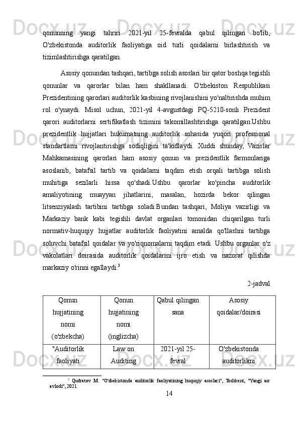 qonunning   yangi   tahriri   2021-yil   25-fevralda   qabul   qilingan   bo'lib,
O'zbekistonda   auditorlik   faoliyatiga   oid   turli   qoidalarni   birlashtirish   va
tizimlashtirishga qaratilgan.
Asosiy qonundan tashqari, tartibga solish asoslari bir qator boshqa tegishli
qonunlar   va   qarorlar   bilan   ham   shakllanadi.   O'zbekiston   Respublikasi
Prezidentining qarorlari auditorlik kasbining rivojlanishini yo'naltirishda muhim
rol   o'ynaydi.   Misol   uchun,   2021-yil   4-avgustdagi   PQ-5210-sonli   Prezident
qarori   auditorlarni   sertifikatlash   tizimini   takomillashtirishga   qaratilgan.Ushbu
prezidentlik   hujjatlari   hukumatning   auditorlik   sohasida   yuqori   professional
standartlarni   rivojlantirishga   sodiqligini   ta'kidlaydi.   Xuddi   shunday,   Vazirlar
Mahkamasining   qarorlari   ham   asosiy   qonun   va   prezidentlik   farmonlariga
asoslanib,   batafsil   tartib   va   qoidalarni   taqdim   etish   orqali   tartibga   solish
muhitiga   sezilarli   hissa   qo'shadi.Ushbu   qarorlar   ko'pincha   auditorlik
amaliyotining   muayyan   jihatlarini,   masalan,   hozirda   bekor   qilingan
litsenziyalash   tartibini   tartibga   soladi.Bundan   tashqari,   Moliya   vazirligi   va
Markaziy   bank   kabi   tegishli   davlat   organlari   tomonidan   chiqarilgan   turli
normativ-huquqiy   hujjatlar   auditorlik   faoliyatini   amalda   qo'llashni   tartibga
soluvchi   batafsil   qoidalar   va   yo'riqnomalarni   taqdim   etadi.   Ushbu   organlar   o'z
vakolatlari   doirasida   auditorlik   qoidalarini   ijro   etish   va   nazorat   qilishda
markaziy o'rinni egallaydi. 3
2-jadval
Qonun
hujjatining
nomi
(o'zbekcha) Qonun
hujjatining
nomi
(inglizcha) Qabul qilingan
sana Asosiy
qoidalar/doirasi
"Auditorlik
faoliyati Law on
Auditing 2021-yil 25-
fevral O'zbekistonda
auditorlikni
3
  Qudratov   M.   "O'zbekistonda   auditorlik   faoliyatining   huquqiy   asoslari",   Toshkent,   "Yangi   asr
avlodi", 2021.
14 
