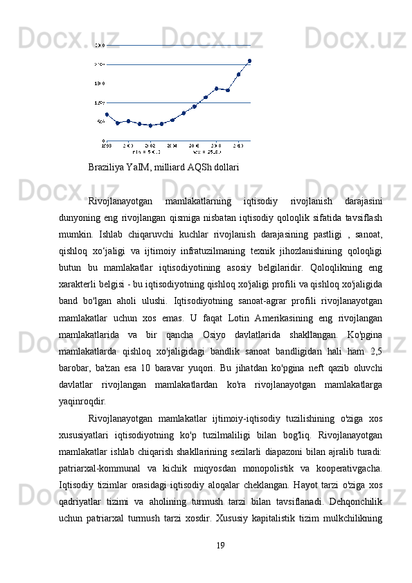 Braziliya YaIM, milliard AQSh dollari
Rivojlanayotgan   mamlakatlarning   iqtisodiy   rivojlanish   darajasini
dunyoning   eng   rivojlangan   qismiga   nisbatan   iqtisodiy   qoloqlik   sifatida   tavsiflash
mumkin.   Ishlab   chiqaruvchi   kuchlar   rivojlanish   darajasining   pastligi   ,   sanoat,
qishloq   xo‘jaligi   va   ijtimoiy   infratuzilmaning   texnik   jihozlanishining   qoloqligi
butun   bu   mamlakatlar   iqtisodiyotining   asosiy   belgilaridir.   Qoloqlikning   eng
xarakterli belgisi - bu iqtisodiyotning qishloq xo'jaligi profili va qishloq xo'jaligida
band   bo'lgan   aholi   ulushi.   Iqtisodiyotning   sanoat-agrar   profili   rivojlanayotgan
mamlakatlar   uchun   xos   emas.   U   faqat   Lotin   Amerikasining   eng   rivojlangan
mamlakatlarida   va   bir   qancha   Osiyo   davlatlarida   shakllangan.   Ko'pgina
mamlakatlarda   qishloq   xo'jaligidagi   bandlik   sanoat   bandligidan   hali   ham   2,5
barobar,   ba'zan   esa   10   baravar   yuqori.   Bu   jihatdan   ko'pgina   neft   qazib   oluvchi
davlatlar   rivojlangan   mamlakatlardan   ko'ra   rivojlanayotgan   mamlakatlarga
yaqinroqdir.
Rivojlanayotgan   mamlakatlar   ijtimoiy-iqtisodiy   tuzilishining   o'ziga   xos
xususiyatlari   iqtisodiyotning   ko'p   tuzilmaliligi   bilan   bog'liq.   Rivojlanayotgan
mamlakatlar   ishlab   chiqarish   shakllarining   sezilarli   diapazoni   bilan   ajralib   turadi:
patriarxal-kommunal   va   kichik   miqyosdan   monopolistik   va   kooperativgacha.
Iqtisodiy   tizimlar   orasidagi   iqtisodiy   aloqalar   cheklangan.   Hayot   tarzi   o'ziga   xos
qadriyatlar   tizimi   va   aholining   turmush   tarzi   bilan   tavsiflanadi.   Dehqonchilik
uchun   patriarxal   turmush   tarzi   xosdir.   Xususiy   kapitalistik   tizim   mulkchilikning
19