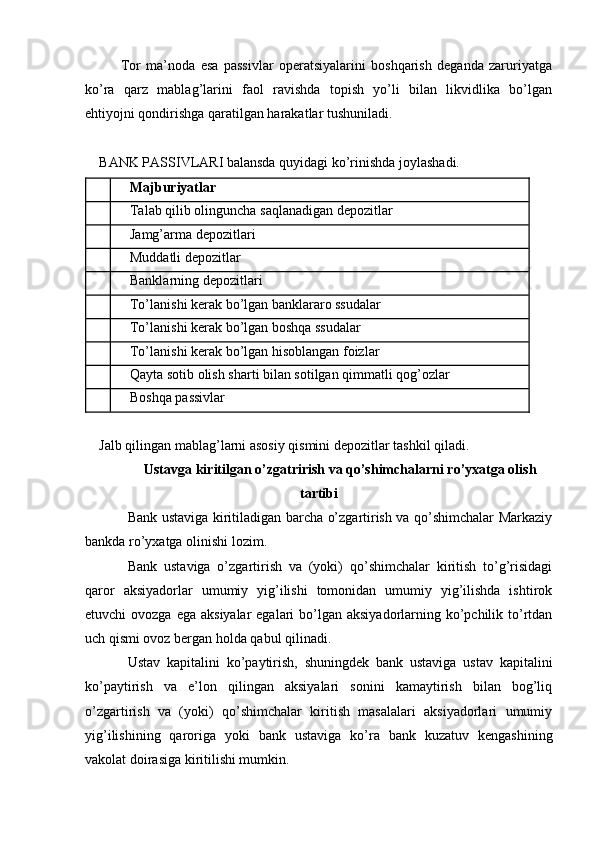Tor   ma’noda   esa   passivlar   operatsiyalarini   boshqarish   deganda   zaruriyatga
ko’ra   qarz   mablag’larini   faol   ravishda   topish   yo’li   bilan   likvidlika   bo’lgan
ehtiyojni qondirishga qaratilgan harakatlar tushuniladi.
BANK PASSIVLARI balansda quyidagi ko’rinishda joylashadi.
  Majburiyatlar
  Talab qilib olinguncha saqlanadigan depozitlar
  Jamg’arma depozitlari
  Muddatli depozitlar
  Banklarning depozitlari
  To’lanishi kerak bo’lgan banklararo ssudalar
  To’lanishi kerak bo’lgan boshqa ssudalar
  To’lanishi kerak bo’lgan hisoblangan foizlar
  Qayta sotib olish sharti bilan sotilgan qimmatli qog’ozlar
  Boshqa passivlar
Jalb qilingan mablag’larni asosiy qismini depozitlar tashkil qiladi.
Ustavga kiritilgan o’zgatrirish va qo’shimchalarni ro’yxatga olish
tartibi
Bank ustaviga kiritiladigan barcha o’zgartirish va qo’shimchalar Markaziy
bankda ro’yxatga olinishi lozim.
Bank   ustaviga   o’zgartirish   va   (yoki)   qo’shimchalar   kiritish   to’g’risidagi
qaror   aksiyadorlar   umumiy   yig’ilishi   tomonidan   umumiy   yig’ilishda   ishtirok
etuvchi  ovozga ega  aksiyalar  egalari  bo’lgan  aksiyadorlarning ko’pchilik to’rtdan
uch qismi ovoz bergan holda qabul qilinadi.
Ustav   kapitalini   ko’paytirish,   shuningdek   bank   ustaviga   ustav   kapitalini
ko’paytirish   va   e’lon   qilingan   aksiyalari   sonini   kamaytirish   bilan   bog’liq
o’zgartirish   va   (yoki)   qo’shimchalar   kiritish   masalalari   aksiyadorlari   umumiy
yig’ilishining   qaroriga   yoki   bank   ustaviga   ko’ra   bank   kuzatuv   kengashining
vakolat doirasiga kiritilishi mumkin.