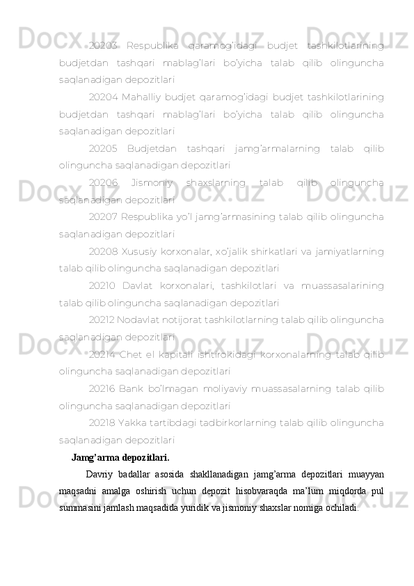 20203   Respublika   qaramog’idagi   budjet   tashkilotlarining
budjetdan   tashqari   mablag’lari   bo’yicha   talab   qilib   olinguncha
saqlanadigan depozitlari
20204   Mahalliy   budjet   qaramog’idagi   budjet   tashkilotlarining
budjetdan   tashqari   mablag’lari   bo’yicha   talab   qilib   olinguncha
saqlanadigan depozitlari
20205   Budjetdan   tashqari   jamg’armalarning   talab   qilib
olinguncha saqlanadigan depozitlari
20206   Jismoniy   shaxslarning   talab   qilib   olinguncha
saqlanadigan depozitlari
20207   Respublika   yo’l   jamg’armasining   talab   qilib   olinguncha
saqlanadigan depozitlari
20208   Xususiy   korxonalar,   xo’jalik   shirkatlari   va   jamiyatlarning
talab qilib olinguncha saqlanadigan depozitlari
20210   Davlat   korxonalari,   tashkilotlari   va   muassasalarining
talab qilib olinguncha saqlanadigan depozitlari
20212 Nodavlat notijorat tashkilotlarning talab qilib olinguncha
saqlanadigan depozitlari
20214   Chet   el   kapitali   ishtirokidagi   korxonalarning   talab   qilib
olinguncha saqlanadigan depozitlari
20216   Bank   bo’lmagan   moliyaviy   muassasalarning   talab   qilib
olinguncha saqlanadigan depozitlari
20218   Yakka   tartibdagi   tadbirkorlarning   talab  qilib  olinguncha
saqlanadigan depozitlari
  Jamg’arma depozitlari.
      Davriy   badallar   asosida   shakllanadigan   jamg’arma   depozitlari   muayyan
maqsadni   amalga   oshirish   uchun   depozit   hisobvaraqda   ma’lum   miqdorda   pul
summasini jamlash maqsadida yuridik va jismoniy shaxslar nomiga ochiladi.