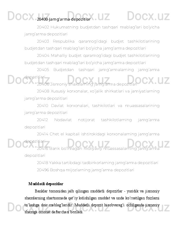 20400 J amg’arma depozit lar
20402   Hukumatning   budjetdan   tashqari   mablag’lari   bo’yicha
jamg’arma depozitlari
20403   Respublika   qaramog’idagi   budjet   tashkilotlarining
budjetdan tashqari mablag’lari bo’yicha jamg’arma depozitlari
20404   Mahalliy   budjet   qaramog’idagi   budjet   tashkilotlarining
budjetdan tashqari mablag’lari bo’yicha jamg’arma depozitlari
20405   Budjetdan   tashqari   jamg’armalarning   jamg’arma
depozitlari
20406 Jismoniy shaxslarning jamg’arma depozitlari
20408   Xususiy   korxonalar,   xo’jalik   shirkatlari   va   jamiyatlarning
jamg’arma depozitlari
20410   Davlat   korxonalari,   tashkilotlari   va   muassasalarining
jamg’arma depozitlari
20412   Nodavlat   notijorat   tashkilotlarning   jamg’arma
depozitlari
20414   Chet   el   kapitali   ishtirokidagi   korxonalarning   jamg’arma
depozitlari
20416   Bank   bo’lmagan   moliyaviy   muassasalarning   jamg’arma
depozitlari
20418 Yakka tartibdagi tadbirkorlarning jamg’arma depozitlari
20496 Boshqa mijozlarning jamg’arma depozitlari
Muddatli depozitlar
        Banklar   tomonidan   jalb   qilingan   muddatli   depozitlar   -   yuridik   va   jismoniy
shaxslarning shartnomada qat’iy kelishilgan muddat va unda ko’rsatilgan foizlarni
to’lashga   doir   mablag’laridir.   Muddatli   depozit   hisobvarag’i   ochilganda   jismoniy
shaxsga omonat daftarchasi beriladi.