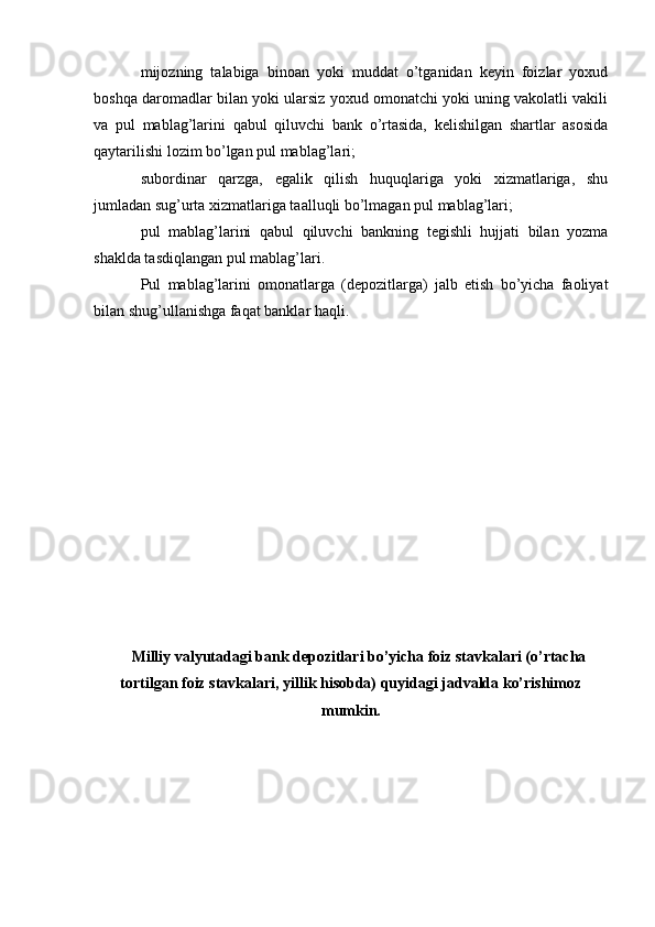 mijozning   talabiga   binoan   yoki   muddat   o’tganidan   keyin   foizlar   yoxud
boshqa daromadlar bilan yoki ularsiz yoxud omonatchi yoki uning vakolatli vakili
va   pul   mablag’larini   qabul   qiluvchi   bank   o’rtasida,   kelishilgan   shartlar   asosida
qaytarilishi lozim bo’lgan pul mablag’lari;
subordinar   qarzga,   egalik   qilish   huquqlariga   yoki   xizmatlariga,   shu
jumladan sug’urta xizmatlariga taalluqli bo’lmagan pul mablag’lari;
pul   mablag’larini   qabul   qiluvchi   bankning   tegishli   hujjati   bilan   yozma
shaklda tasdiqlangan pul mablag’lari.
Pul   mablag’larini   omonatlarga   (depozitlarga)   jalb   etish   bo’yicha   faoliyat
bilan shug’ullanishga faqat banklar haqli.
Milliy valyutadagi bank depozitlari bo’yicha foiz stavkalari (o’rtacha
tortilgan foiz stavkalari, yillik hisobda) quyidagi jadvalda ko’rishimoz
mumkin.