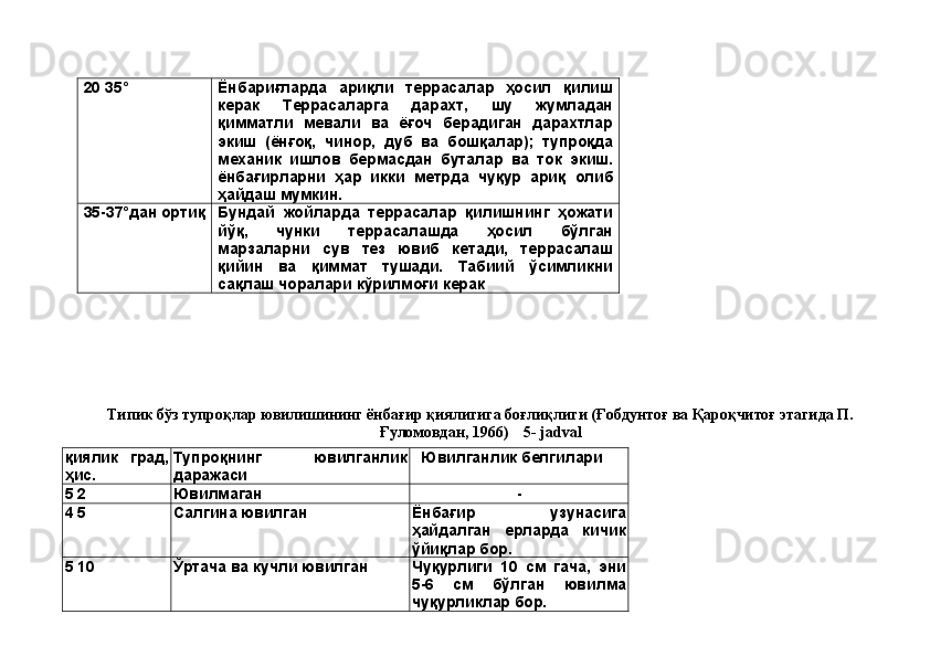 20 35° Ёнбариғларда   ариқли   террасалар   ҳосил   қилиш
керак   Террасаларга   дарахт,   шу   жумладан
қимматли   мевали   ва   ёғоч   берадиган   дарахтлар
экиш   (ёнғоқ,   чинор,   дуб   ва   бошқалар);   тупроқда
механик   ишлов   бермасдан   буталар   ва   ток   экиш.
ёнбағирларни   ҳар   икки   метрда   чуқур   ариқ   олиб
ҳайдаш мумкин.
35-37°дан ортиқ Бундай   жойларда   террасалар   қилишнинг   ҳожати
йўқ,   чунки   террасалашда   ҳосил   бўлган
марзаларни   сув   тез   ювиб   кетади,   террасалаш
қийин   ва   қиммат   тушади.   Табиий   ўсимликни
сақлаш чоралари кўрилмоғи керак
Типик бўз тупроқлар ювилишининг ёнбағир қиялигига боғлиқлиги (Ғобдунтоғ ва Қароқчитоғ этагида П.
Ғуломовдан, 1966)    5- jadval
қиялик   град,
ҳис. Тупроқнинг   ювилганлик
даражаси Ювилганлик белгилари
5 2 Ювилмаган -
4 5 Салгина ювилган Ёнбағир   узунасига
ҳайдалган   ерларда   кичик
ўйиқлар бор.
5 10  Ўртача ва кучли ювилган Чуқурлиги   10   см   гача,   эни
5-6   см   бўлган   ювилма
чуқурликлар бор. 
