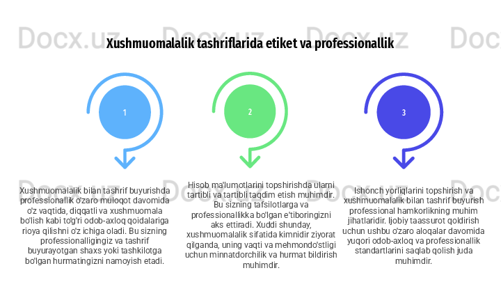 Xushmuomalalik tashriflarida etiket va professionallik
3
Ishonch yorliqlarini topshirish va 
xushmuomalalik bilan tashrif buyurish 
professional hamkorlikning muhim 
jihatlaridir. Ijobiy taassurot qoldirish 
uchun ushbu o'zaro aloqalar davomida 
yuqori odob-axloq va professionallik 
standartlarini saqlab qolish juda 
muhimdir.2
Hisob ma'lumotlarini topshirishda ularni 
tartibli va tartibli taqdim etish muhimdir. 
Bu sizning tafsilotlarga va 
professionallikka bo'lgan e'tiboringizni 
aks ettiradi. Xuddi shunday, 
xushmuomalalik sifatida kimnidir ziyorat 
qilganda, uning vaqti va mehmondo'stligi 
uchun minnatdorchilik va hurmat bildirish 
muhimdir.1
Xushmuomalalik bilan tashrif buyurishda 
professionallik o'zaro muloqot davomida 
o'z vaqtida, diqqatli va xushmuomala 
bo'lish kabi to'g'ri odob-axloq qoidalariga 
rioya qilishni o'z ichiga oladi. Bu sizning 
professionalligingiz va tashrif 
buyurayotgan shaxs yoki tashkilotga 
bo'lgan hurmatingizni namoyish etadi. 