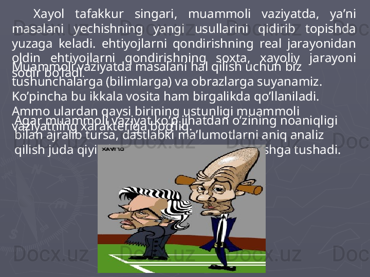 Xayol  tafakkur  singari,  muammoli  vaziyatda,  ya’ni 
masalani  yechishning  yangi  usullarini  qidirib  topishda 
yuzaga  keladi.  ehtiyojlarni  qondirishning  real  jarayonidan 
oldin  ehtiyojlarni  qondirishning  soxta,  xayoliy  jarayoni 
sodir bo’ladi . Muammoli vaziyatda masalani hal qilish uchun biz 
tushunchalarga (bilimlarga) va obrazlarga suyanamiz. 
Ko’pincha bu ikkala vosita ham birgalikda qo’llaniladi. 
Ammo ulardan qaysi birining ustunligi muammoli 
vaziyatning xarakteriga bog’liq.  Agar muammoli vaziyat ko’p jihatdan o’zining noaniqligi 
bilan ajralib tursa, dastlabki ma’lumotlarni aniq analiz 
qilish juda qiyin bo’lsa xayol mexanizmlari ishga tushadi.  