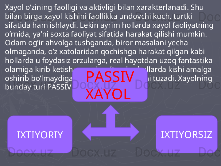 Xayol o’zining faolligi va aktivligi bilan xarakterlanadi. Shu 
bilan birga xayol kishini faollikka undovchi kuch, turtki 
sifatida ham ishlaydi. Lekin ayrim hollarda xayol faoliyatning 
o’rnida, ya’ni soxta faoliyat sifatida harakat qilishi mumkin. 
Odam og’ir ahvolga tushganda, biror masalani yecha 
olmaganda, o’z xatolaridan qochishga harakat qilgan kabi 
hollarda u foydasiz orzularga, real hayotdan uzoq fantastika 
olamiga kirib ketishi mumkin. Bunday hollarda kishi amalga 
oshirib bo’lmaydigan ish-harakat rejalarini tuzadi. Xayolning 
bunday turi PASSIV XAYOL deb ataladi.  PASSIV 
XAYOL 
IXTIYORSIZ 
IXTIYORIY 