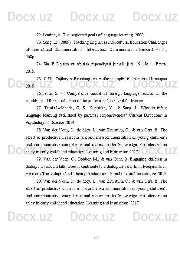 72. Scarino, A. The neglected goals of language learning. 2000.
73. Song, Li. (2009). Teaching English as intercultural Education Challenges
of   Intercultural   Communication”.   Intercultural   Communication   Research.Vol.1.,
268p.
74.   Sia,   E.O'qitish   va   o'qitish   stipendiyasi   jurnali,   jild.   15,   No.   1,   Fevral
2015.
75.   G.Sh.   Tajibayev   Boshlang`ich   sinflarda   ingliz   tili   o`qitish   Namangan
2019
76.Tetina   S.   V.   Competence   model   of   foreign   language   teacher   in   the
conditions of the introduction of the professional standard for teacher.
77.   Tamis-LeMonda,   C.   S.,   Kuchirko,   Y.,   &   Song,   L.   Why   is   infant
language   learning   facilitated   by   parental   responsiveness?   Current   Directions   in
Psychological Science. 2014
78.   Van   der   Veen,   C.,   de   Mey,   L.,   van   Kruistum,   C.,   &   van   Oers,   B.   The
effect   of   productive   classroom   talk   and   metacommunication   on   young   children’s
oral   communicative   competence   and   subject   matter   knowledge:   An   intervention
study in early childhood education. Learning and Instruction.2017
79.   Van   der   Veen,   C.,   Dobber,   M.,   &   van   Oers,   B.   Engaging   children   in
dialogic classroom talk: Does it contribute to a dialogical self? In F. Meijers, & H.
Hermans The dialogical self theory in education: A multicultural perspective. 2018
80.   Van   der   Veen,   C.,   de   Mey,   L.,   van   Kruistum,   C.,   &   van   Oers,   B.   The
effect   of   productive   classroom   talk   and   metacommunication   on   young   children’s
oral   communicative   competence   and   subject   matter   knowledge:   An   intervention
study in early childhood education. Learning and Instruction. 2017
103 