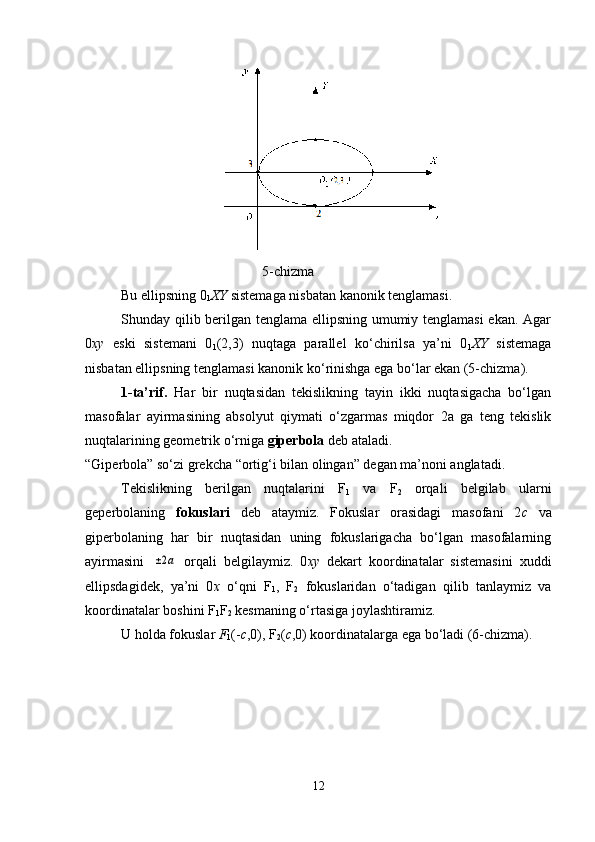 5 -chizma
Bu ellipsning 0
1 XY  sistemaga nisbatan kanonik tenglamasi.
Shunday qilib berilgan tenglama ellipsning umumiy tenglamasi ekan. Agar
0 ху   eski   sistemani   0
1 (2,3)   nuqtaga   parallel   ko ‘ chirilsa   ya’ni   0
1 XY   sistemaga
nisbatan ellipsning tenglamasi kanonik ko ‘ rinishga ega bo ‘ lar ekan (5-chizma).
1-ta’rif.   Har   bir   nuqtasidan   tekislikning   tayin   ikki   nuqtasigacha   bo‘lgan
masofalar   ayirmasining   absolyut   qiymati   o‘zgarmas   miqdor   2a   ga   teng   tekislik
nuqtalarining geometrik o‘rniga  giperbola  deb ataladi. 
“Giperbola” so‘zi grekcha “ortig‘i bilan olingan” degan ma’noni anglatadi.
Tekislikning   berilgan   nuqtalarini   F
1   va   F
2   orqali   belgilab   ularni
geperbolaning   fokuslari   deb   ataymiz.   Fokuslar   orasidagi   masofani   2 c   va
giperbolaning   har   bir   nuqtasidan   uning   fokuslarigacha   bo‘lgan   masofalarning
ayirmasini  ±2a   orqali   belgilaymiz.   0 xy   dekart   koordinatalar   sistemasini   xuddi
ellipsdagidek,   ya’ni   0 x   o ‘ qni   F
1 ,   F
2   fokuslaridan   o‘tadigan   qilib   tanlaymiz   va
koordinatalar boshini F
1 F
2  kesmaning o‘rtasiga joylashtiramiz.
U holda fokuslar  F
1 (- c ,0), F
2 ( c ,0) koordinatalarga ega bo‘ladi (6-chizma).
12 