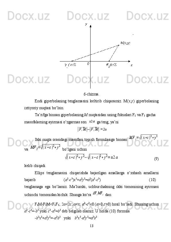 6 -chizma .
Endi   giperbolaning   tenglamasini   keltirib   chiqaramiz.   M( x , y )   giperbolaning
ixtiyoriy nuqtasi bo ‘ lsin.
Ta’rifga binoan giperbolaning  M  nuqtasidan uning fokuslari F
1  va F
2  gacha 
masofalarning ayirmasi   o ‘ zgarmas   son   ±2a  ga teng, ya’ni	
||⃗
F
1 M	| −	|⃗ F
2 M	||
=2a
Ikki nuqta orasidagi masofani topish formulasiga binoan  	
MF	1=√(x+c)2+y2
va 	
MF	2=	√(x−	c)2+y2  bo ‘ lgani uchun 	
√(x+c)2+y2−	√(x−	c)2+y2=±	2a
                                   (9)
kelib chiqadi.
Ellips   tenglamasini   chiqarishda   bajarilgan   amallarga   o ‘ xshash   amallarni
bajarib                            ( а 2
- с 2
) х 2
+ а 2
у 2
= а 2
( а 2
- с 2
)                                                (10)
tenglamaga   ega   bo ‘ lamiz.   Ma’lumki,   uchburchakning   ikki   tomonining   ayirmasi
uchinchi tomonidan kichik.  Shunga ko ‘ ra 	
ΔF	1MF	2
  dan
F
1 M-F
2 M<F
1 F
2 ; 2 а <2 c ;  a <c ; a 2
- c 2
<0 ( a >0, c >0) hosil bo ‘ ladi. Shuning uchun
a 2
- c 2
=- b 2
 yok i  c 2
- a 2
= b 2
 deb belgilab olamiz. U holda (10) formula
-b 2
x 2
+ a 2
y 2
=- a 2
b 2
   yoki     b 2
x 2
- a 2
y 2
= a 2
b 2
13 