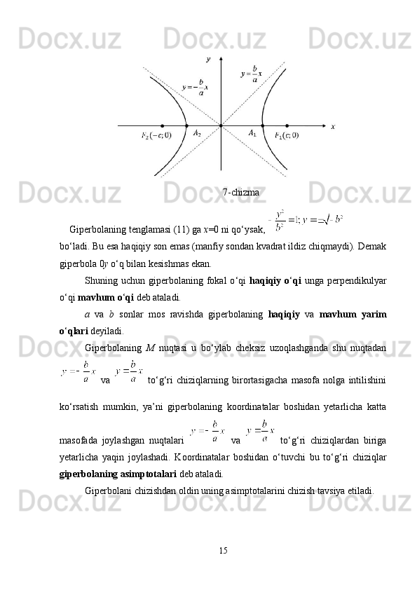7-chizma
Giperbolaning tenglamasi (11) ga  х =0 ni qo ‘ ysak , 
bo ‘ ladi. Bu esa haqiqiy son emas (manfiy sondan kvadrat ildiz chiqmaydi). Demak
giperbola 0 y   o ‘ q bilan kesishmas ekan.
Shuning  uchun  giperbolaning  fokal  o ‘ qi   haqiqiy  o ‘ qi   unga  perpendikulyar
o ‘ qi  mavhum   o ‘ qi  deb ataladi.
a   va   b   sonlar   mos   ravishda   giperbolaning   haqiqiy   va   mavhum   yarim
o ‘ qlari  deyiladi.
Giperbolaning   M   nuqtasi   u   bo ‘ ylab   cheksiz   uzoqlashganda   shu   nuqtadan
  va  
  to ‘ g ‘ ri   chiziqlarning   birortasigacha   masofa   nolga   intilishini
ko ‘ rsatish   mumkin,   ya ’ ni   giperbolaning   koordinatalar   boshidan   yetarlicha   katta
masofada   joylashgan   nuqtalari     va     to ‘ g ‘ ri   chiziqlardan   biriga
yetarlicha   yaqin   joylashadi.   Koordinatalar   boshidan   o ‘ tuvchi   bu   to ‘ g ‘ ri   chiziqlar
giperbolaning asimptotalari  deb ataladi.
Giperbolani chizishdan oldin uning asimptotalarini chizish tavsiya etiladi.
15 